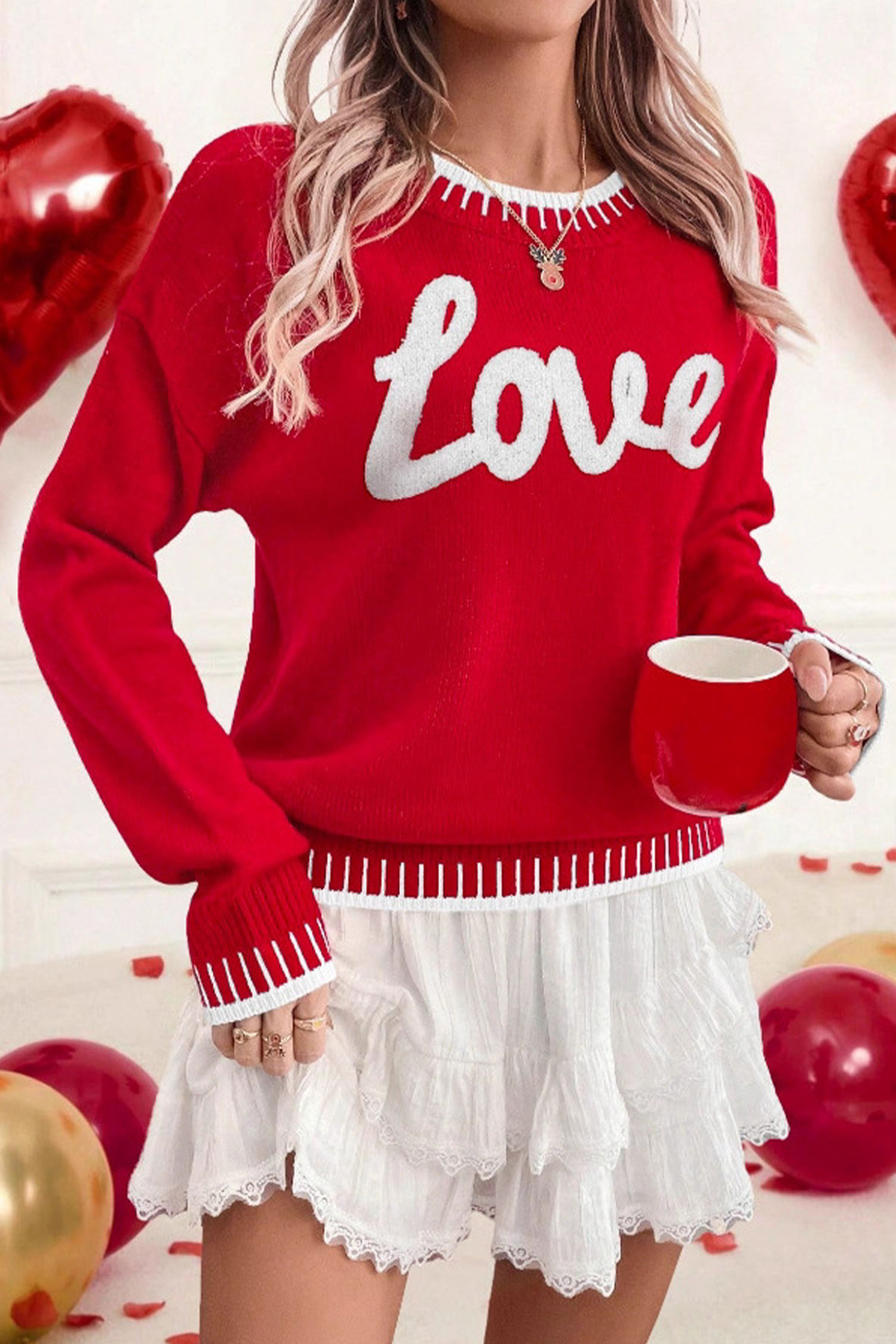 Light Blue Valentine Love Chenille Letter Graphic Sweater