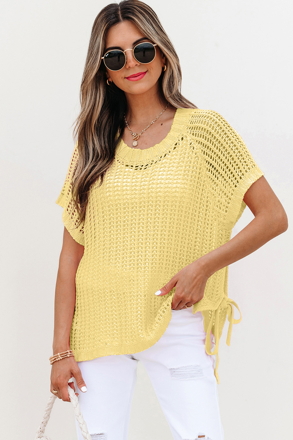 Yellow Cream Hollow-out Crochet Side Tied Short Sleeve Sweater