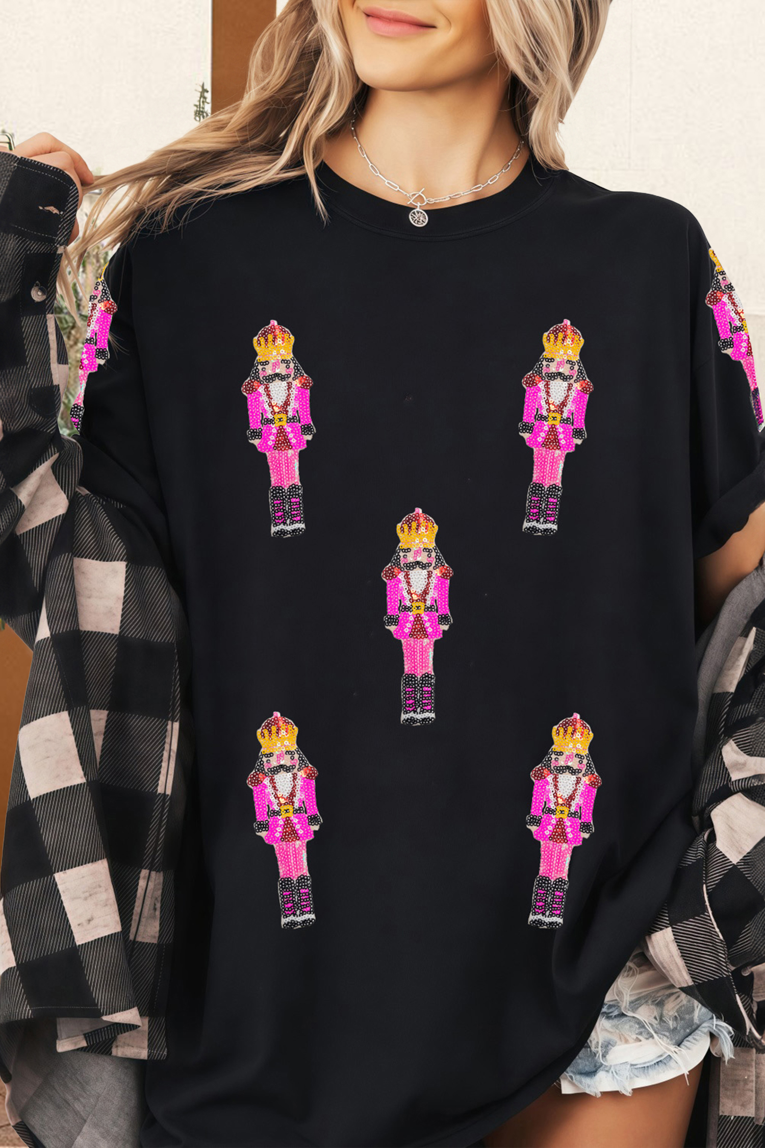 Black Sequin Patched Christmas Nutcracker Casual T Shirt