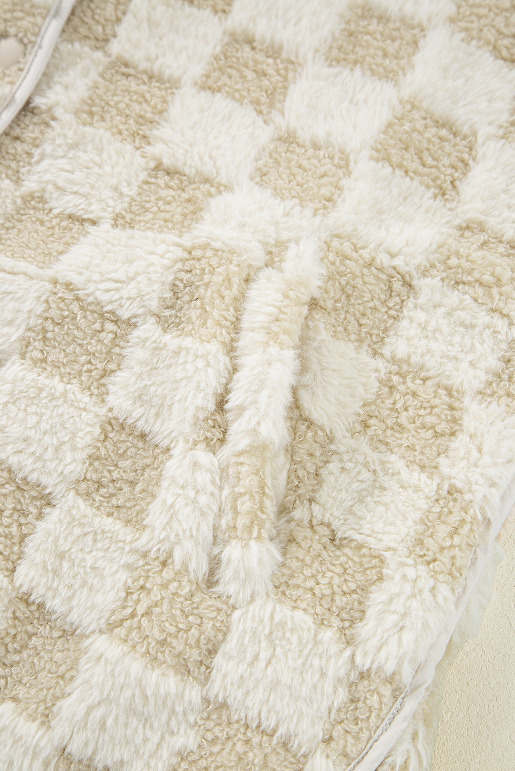 Khaki Sherpa Checkerboard Snap Button Vest Jacket With Pocket