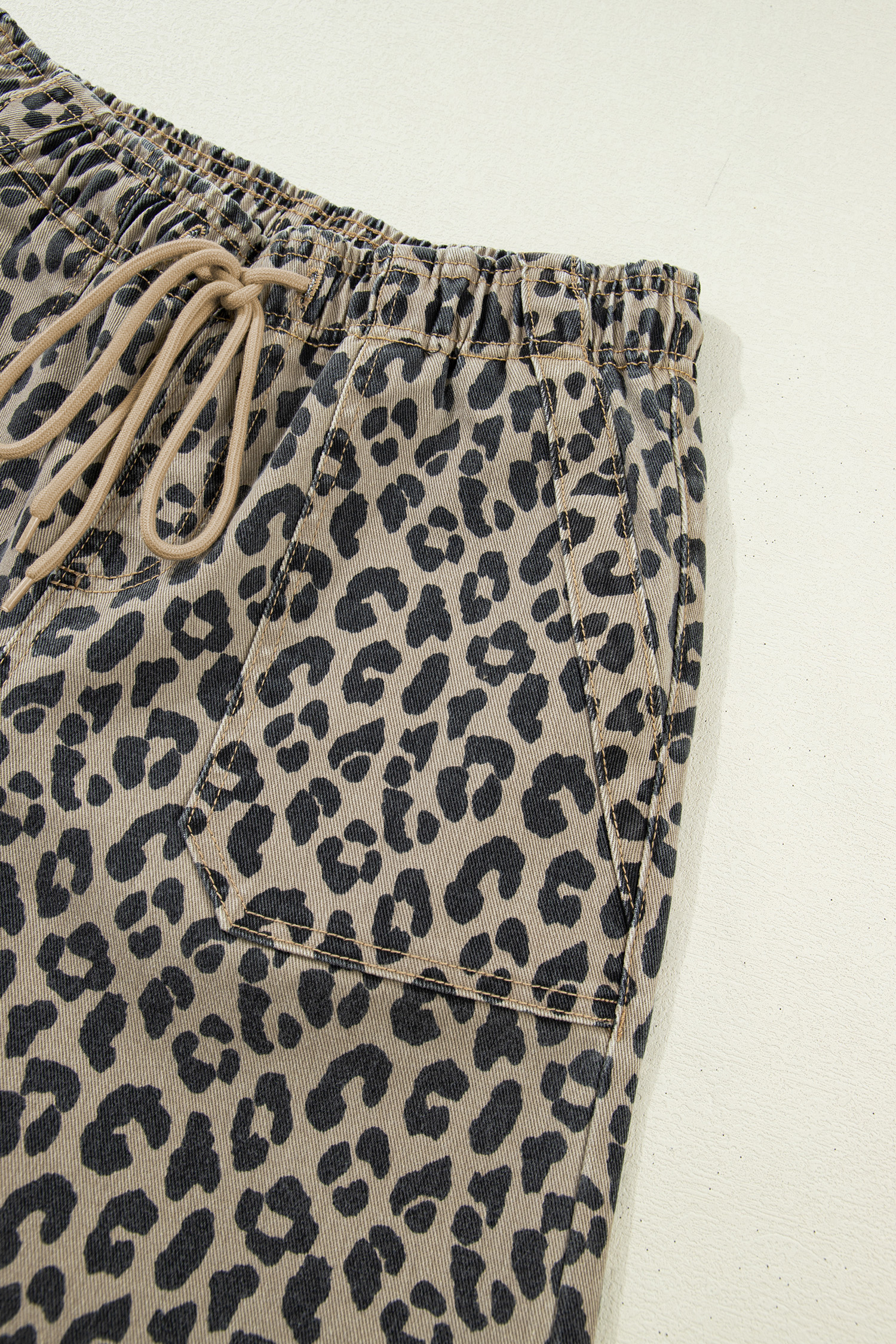 Khaki Leopard Print Drawstring Elastic Waist Loose Denim Pants with Pockets