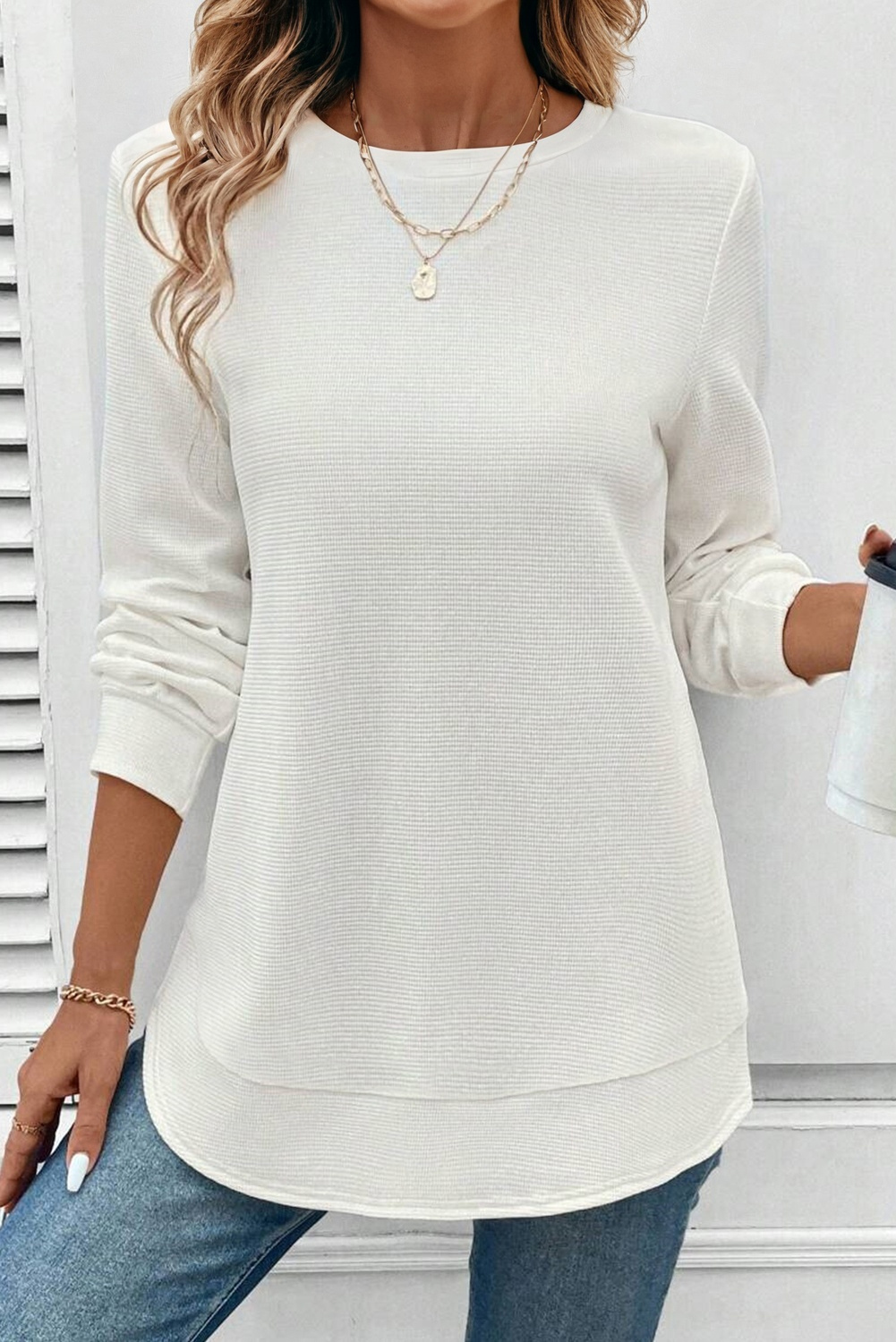 White Rounded Hem Waffle Long Sleeve Top