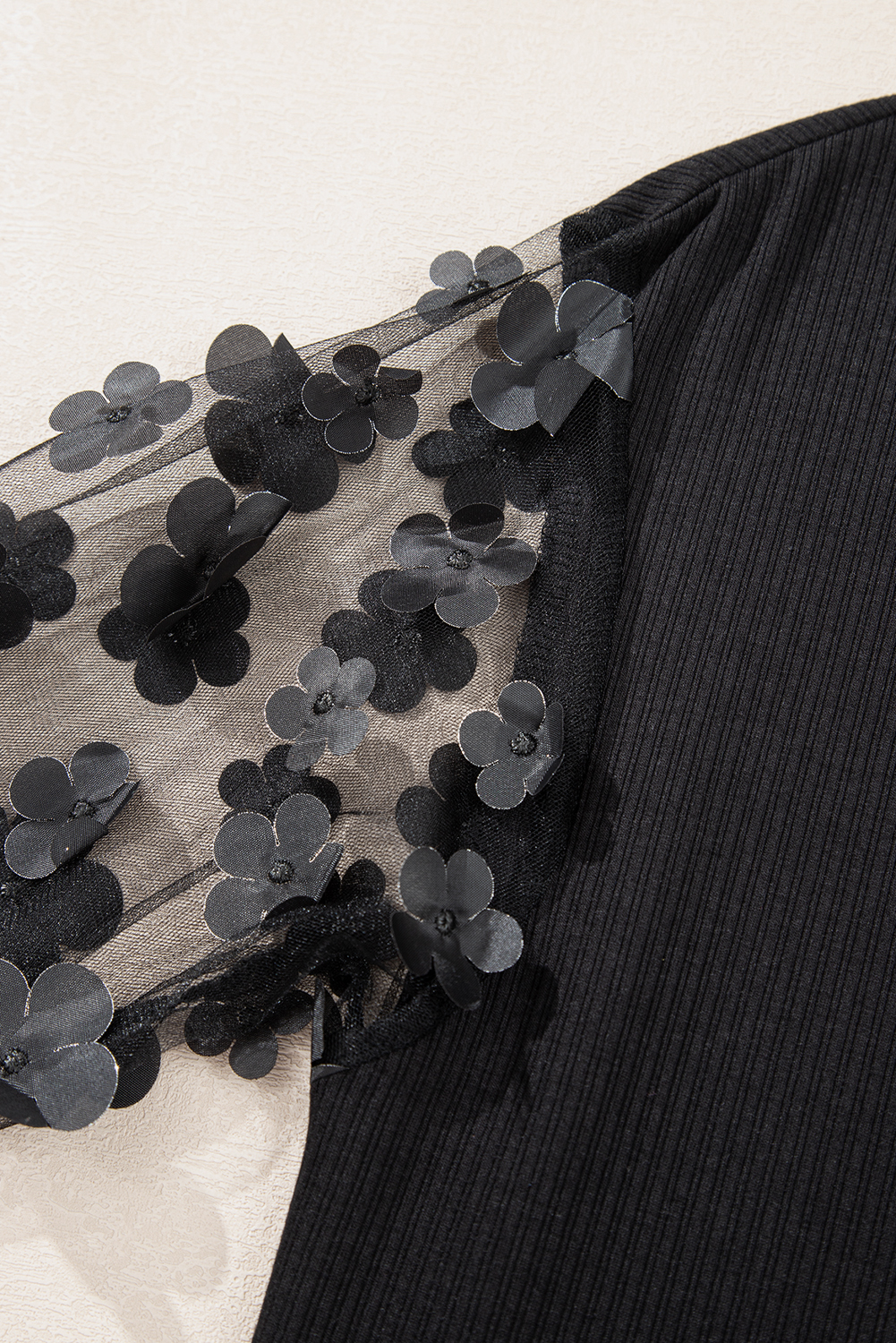 Black Flower Applique Mesh Long Sleeve V Neck Blouse