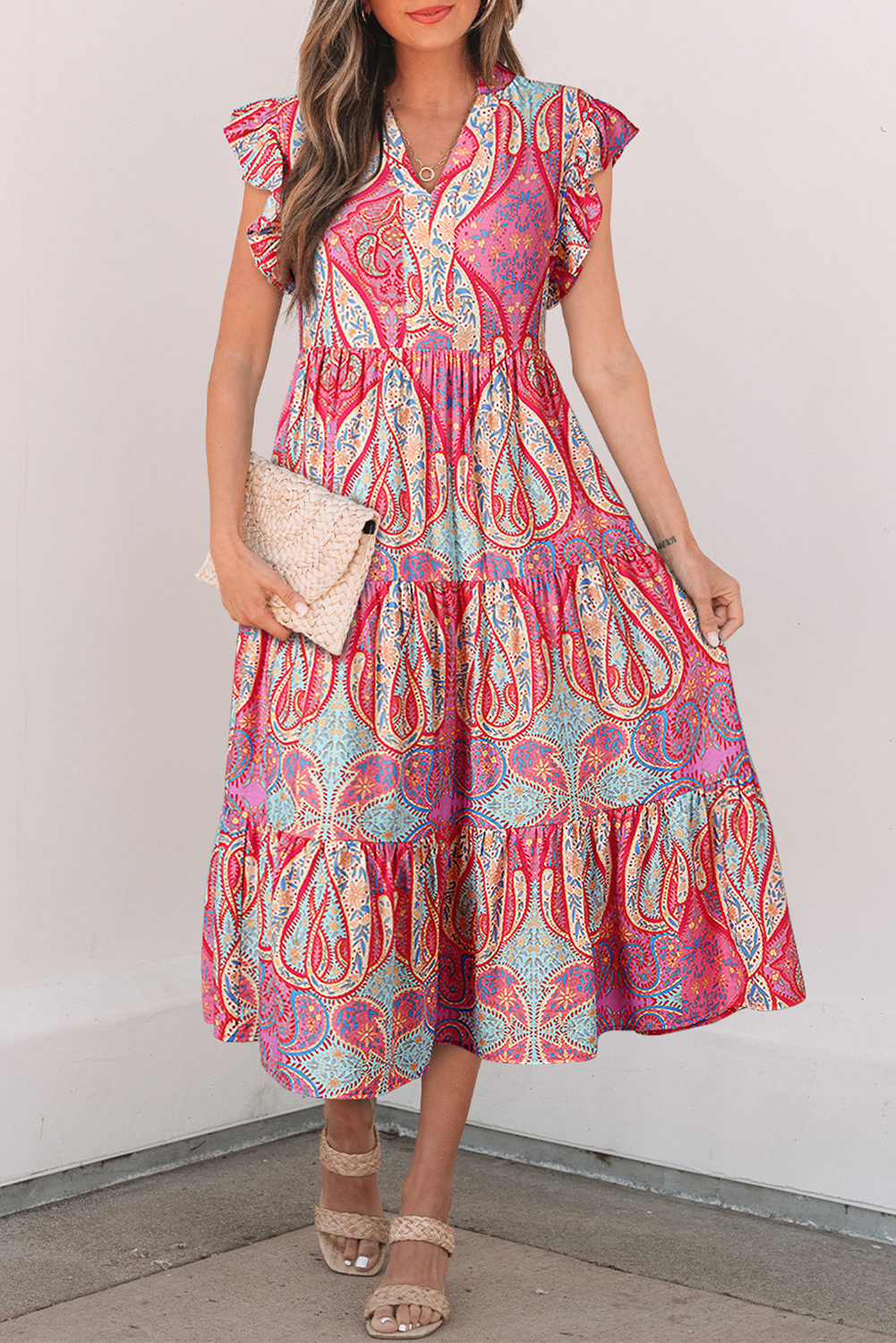 Rose Tribal Paisley Print Ruffled Sleeve Notch Neck Midi Dress