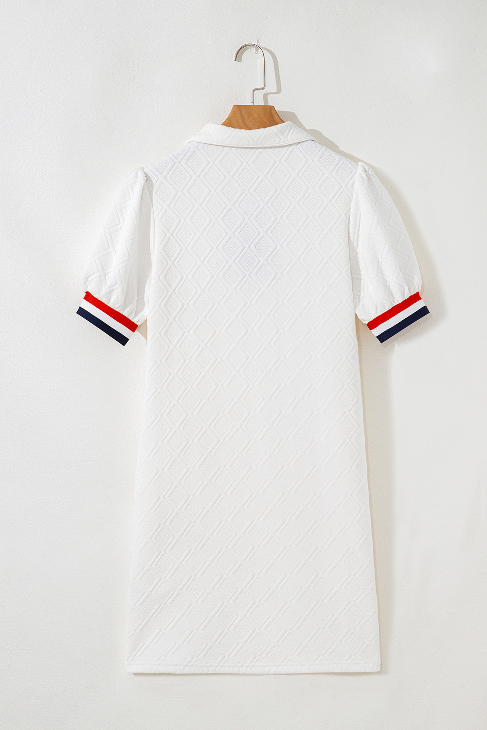 White Textured Contrast Striped Detail Sequin Flag Patched Zip Collar T Shirt Dress