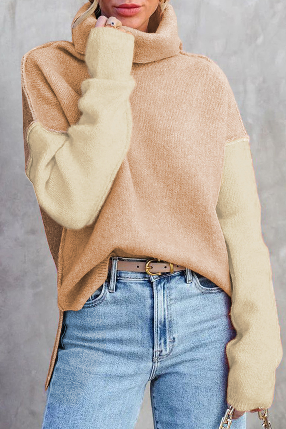 Pale Chestnut Color Block Turtle Neck Drop Shoulder Knit Sweater