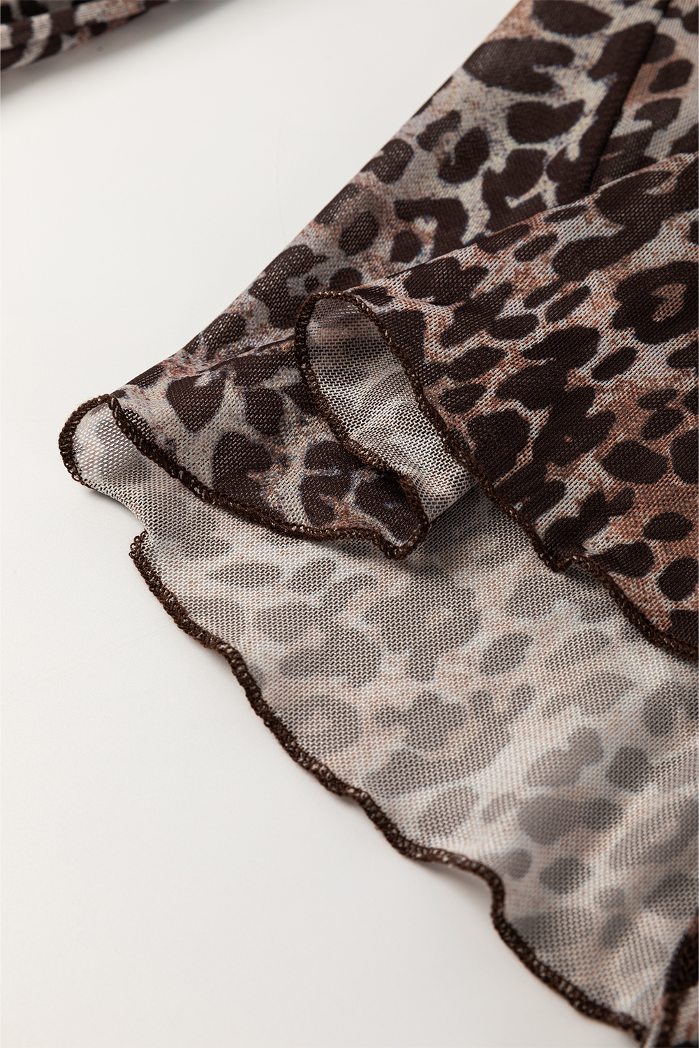 Multicolour Leopard Sheer Mesh Long Sleeve V Neck Lace-up Blouse