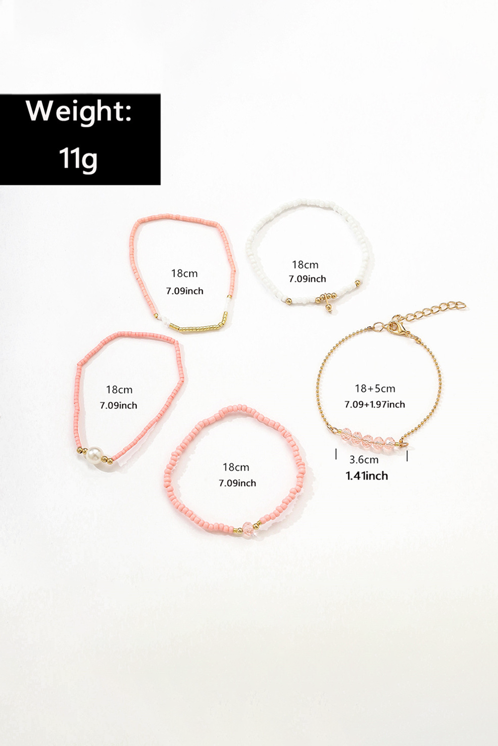 Pink Pearl Crystal Bead Detail 5pcs Elastic Bracelet Set