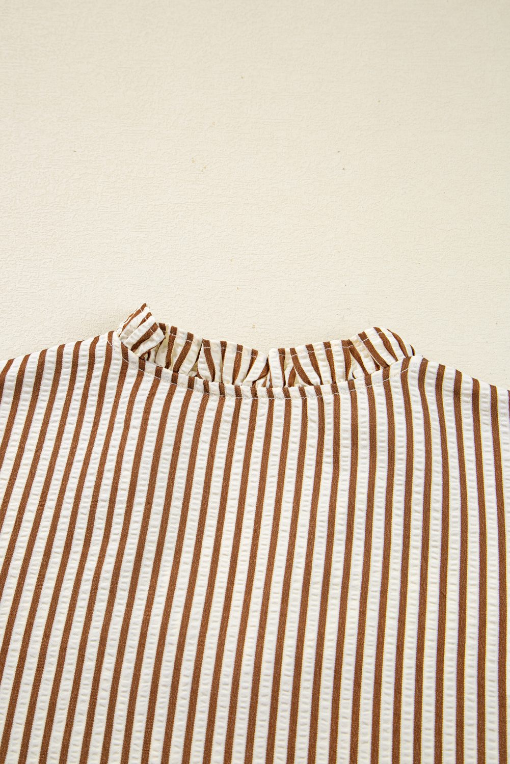 Straw Yellow Striped Print Tied Cuffs Split Neck Seersucker Blouse