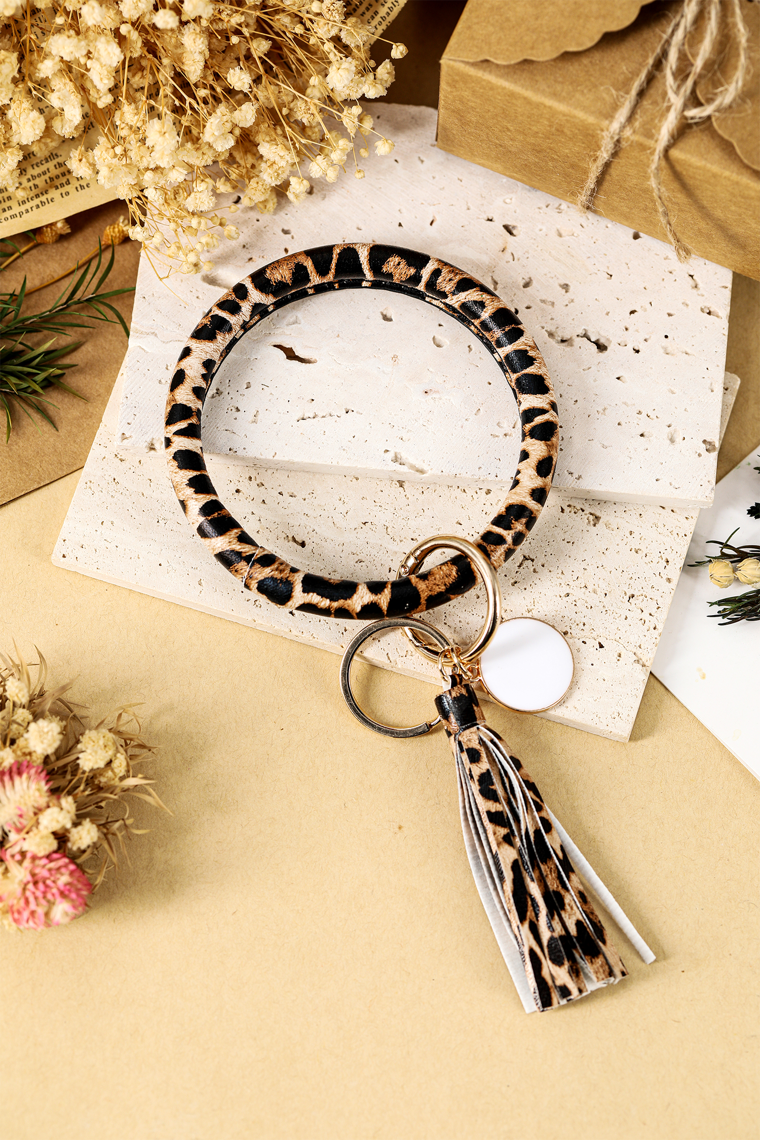 Parchment Leopard PU Leather Tassel Key Chain Bangle Bracelet