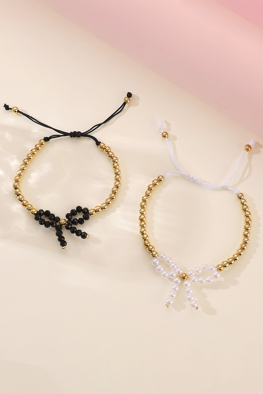 White Pearled Bow Knot Plated Beads Adjustable Bracelet