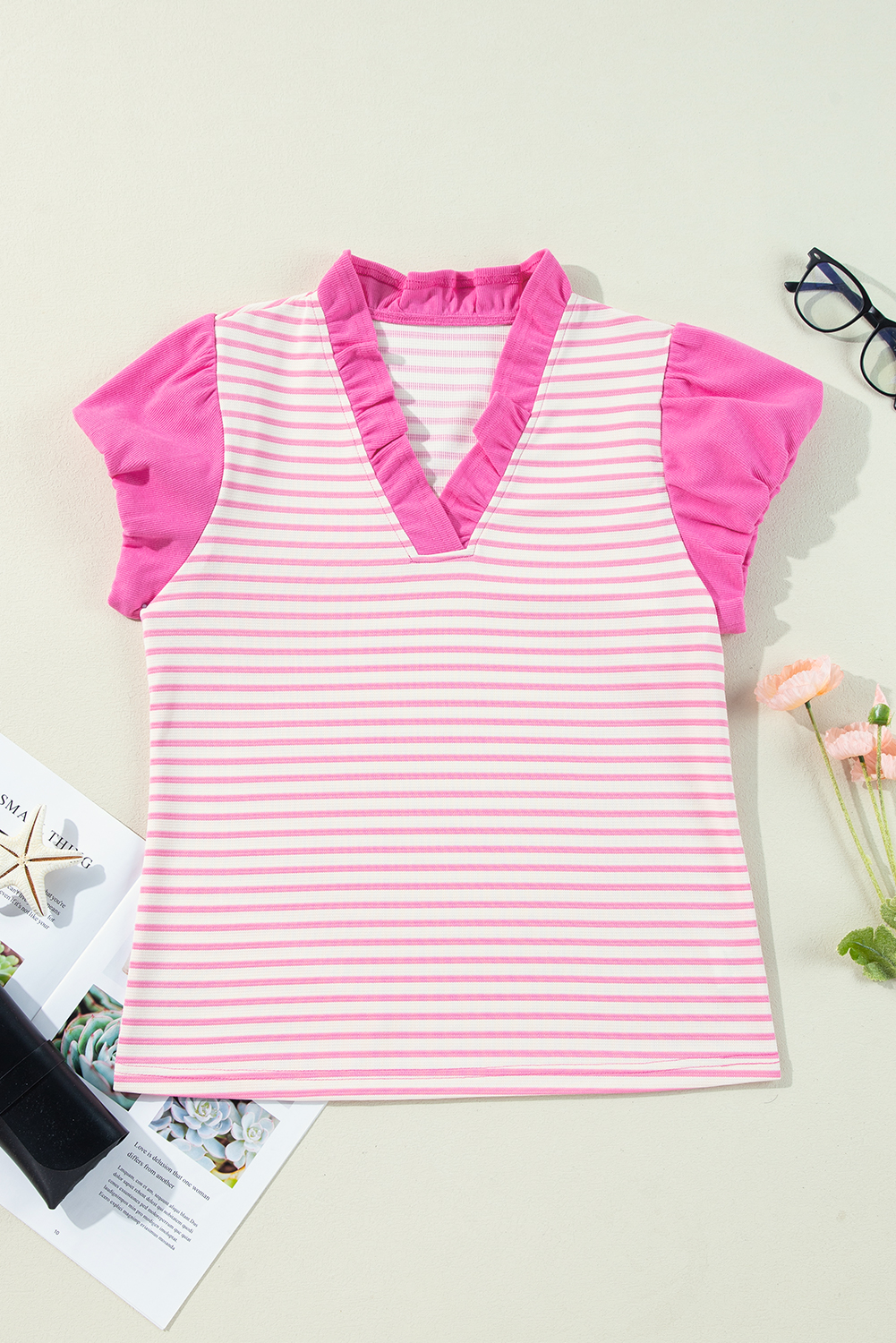Pink Stripe Ruffled V Neck Cap Puff Sleeve Top