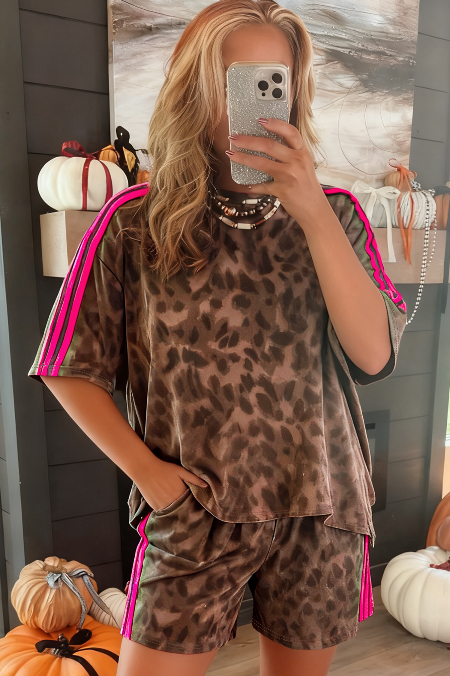 Brown Leopard Loose Tee Drawstring Waist Barrel Pants Set