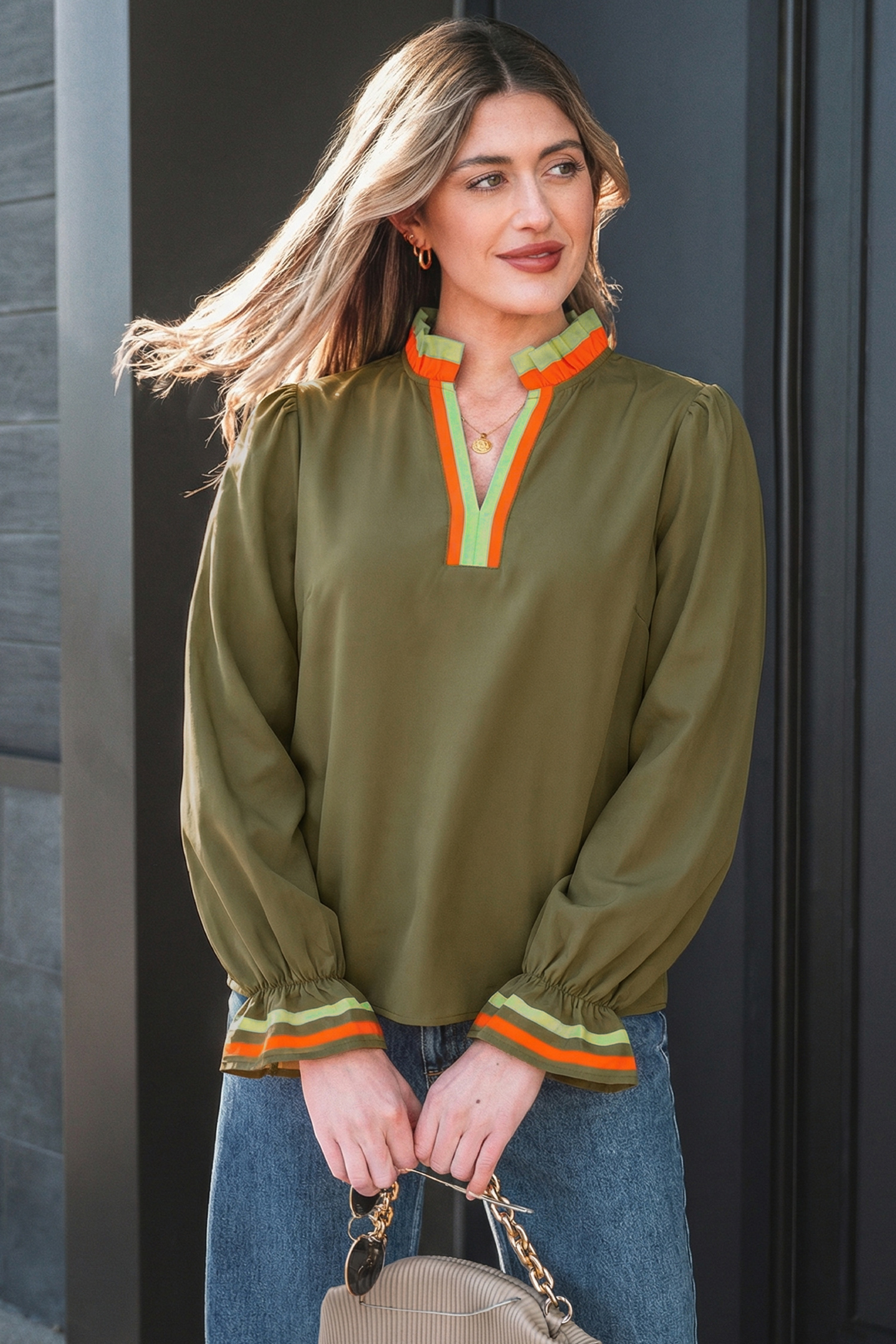 Four Leaf Clover Striped Trim Ruffle Split Neck Long Sleeve Blouse