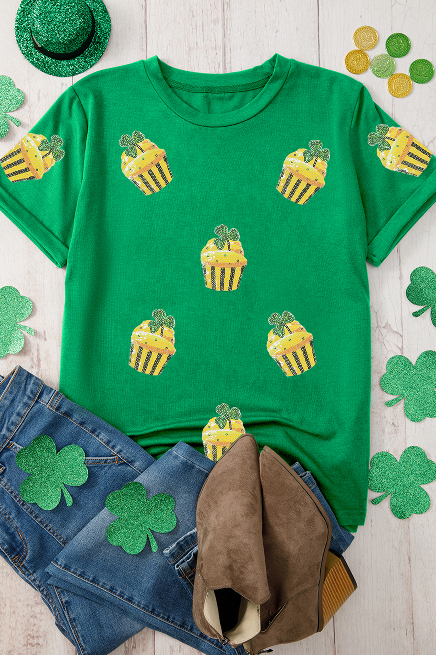 Bright Green St Patricks Day Sequin Cupcake Graphic T Shirt