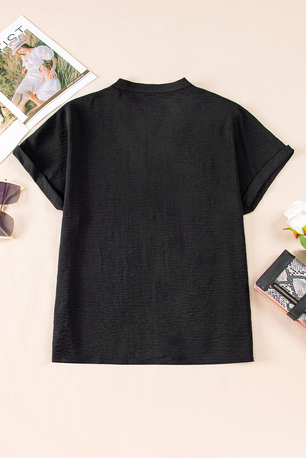 Black Notched Neck Batwing Sleeve Lightweight Blouse