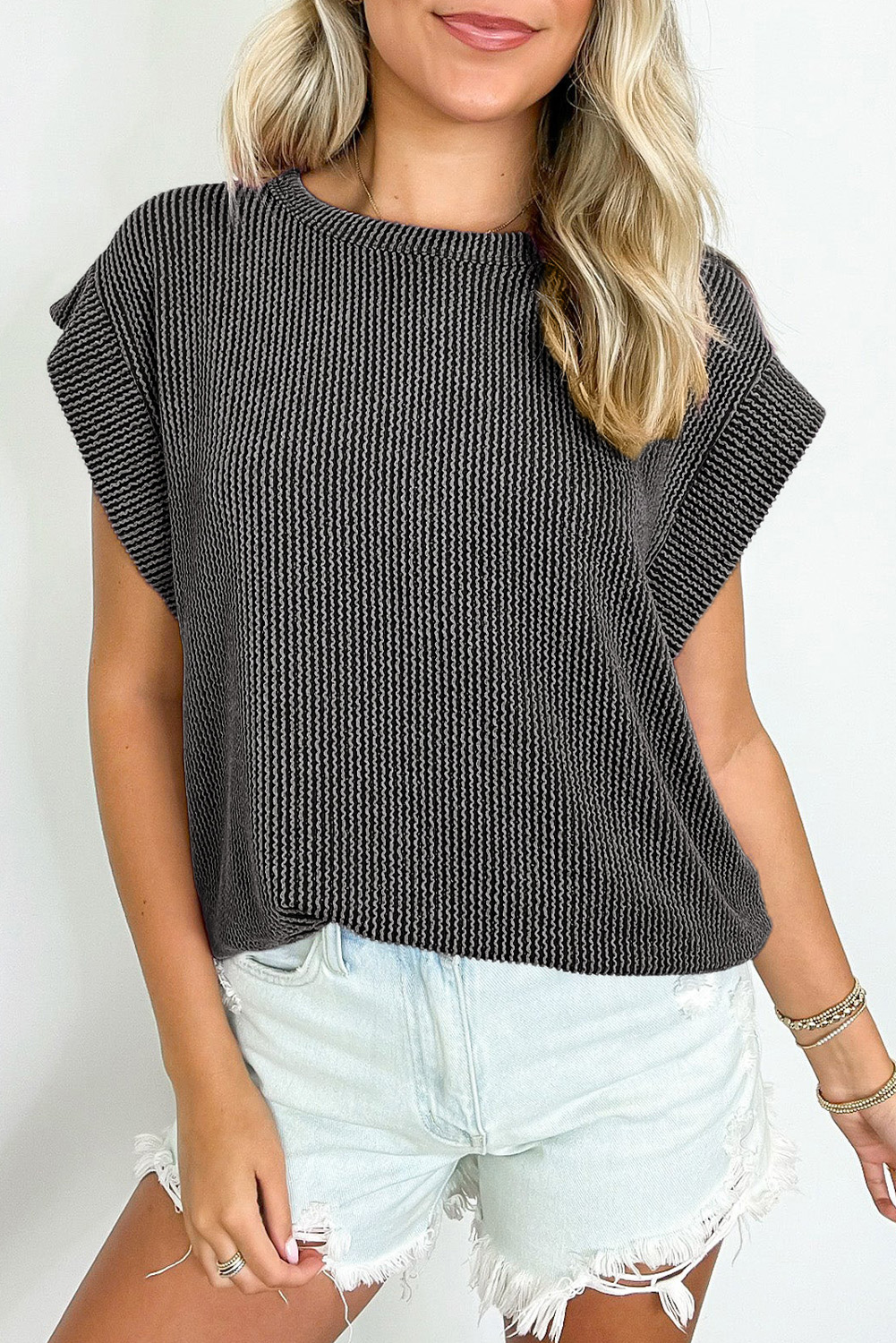 Gray Twisted Rib Wide Sleeve Crew Neck T Shirt