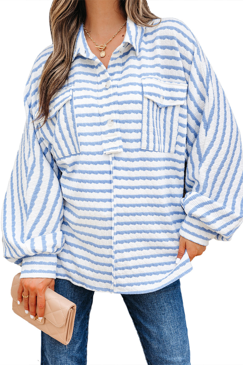 Sky Blue Stripe Half Button Collared Chest Pockets Loose Fit Blouse