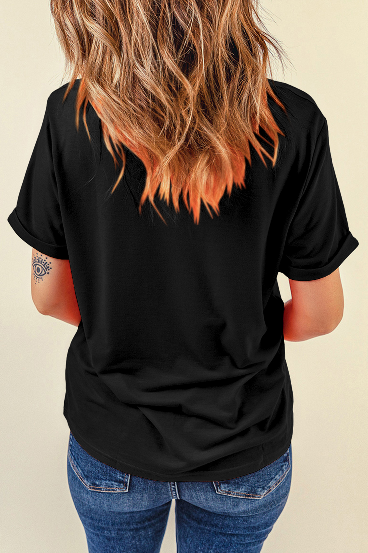 Black Sequin Love Heart Patched Crew Neck Casual Tee