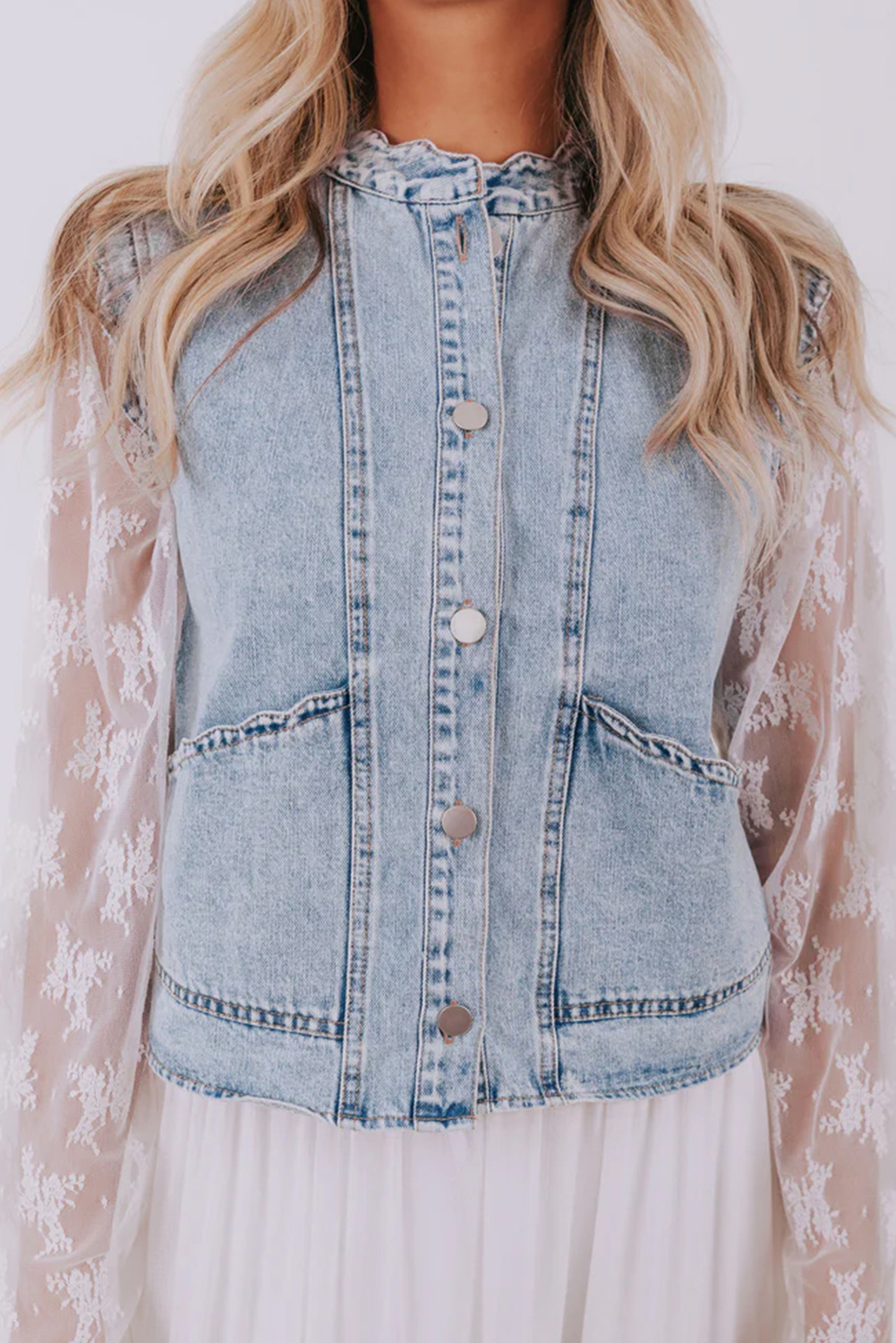 Beau Blue Scalloped Trim Patch Pocket Button Front Denim Vest