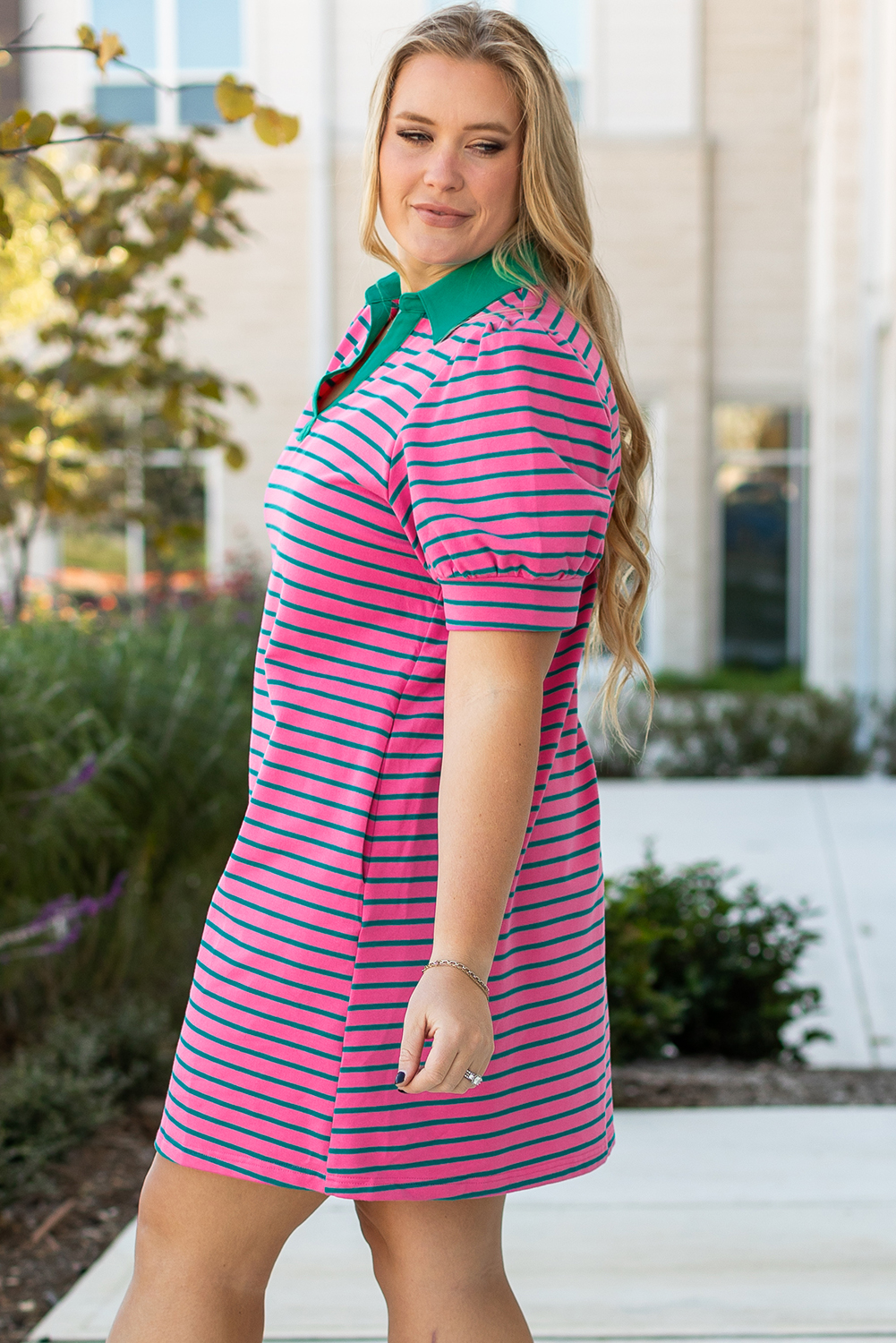 Pink Stripe Collared V Neck Puff Sleeve T Shirt Dress