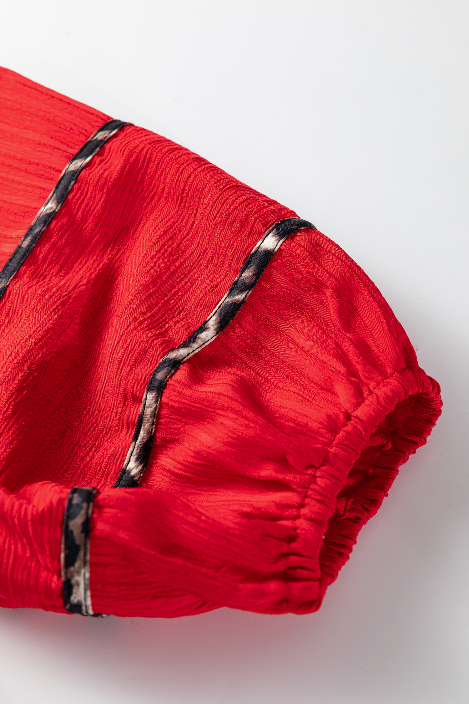 Fiery Red Textured V Neck Leopard Contrasted Trim Long Sleeve Shift Mini Dress