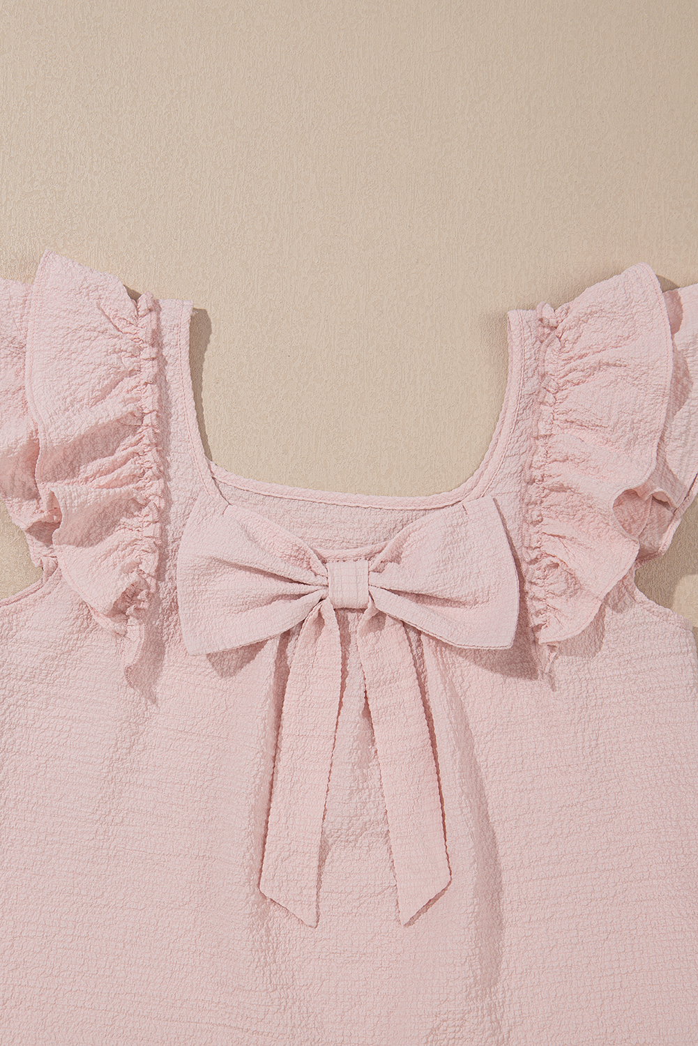 Beau Blue Textured Bow Knot Frilled Butterfly Sleeve Blouse