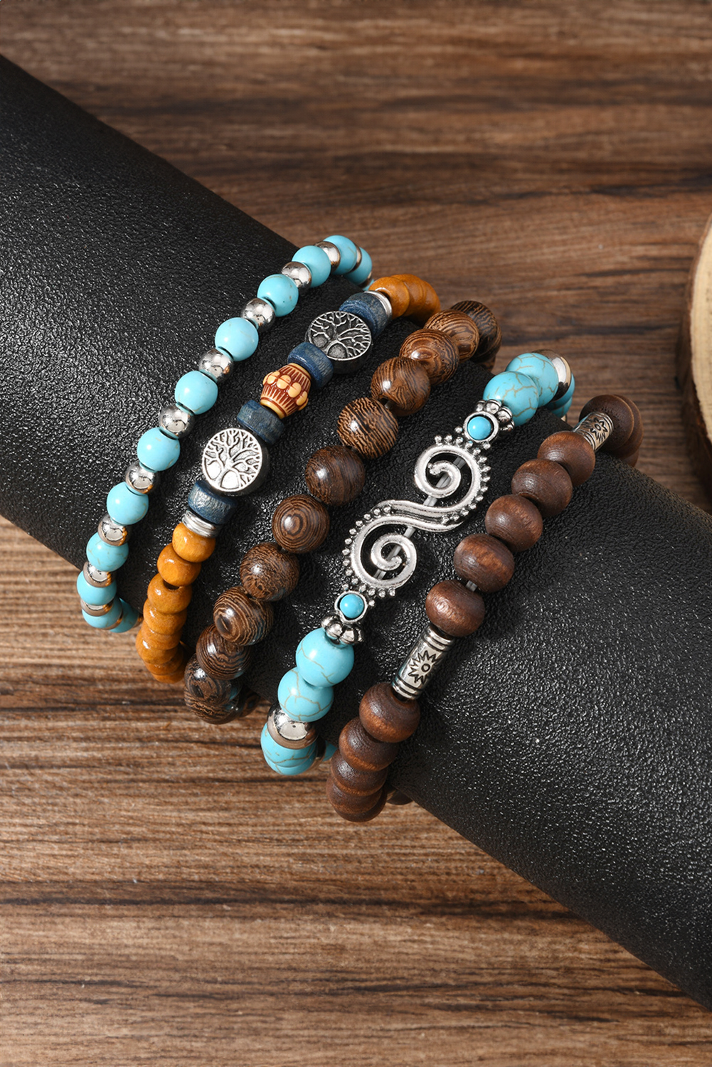 Cinnamon Boho 5pcs Turquoise Wood Beaded Elastic Bracelet Set