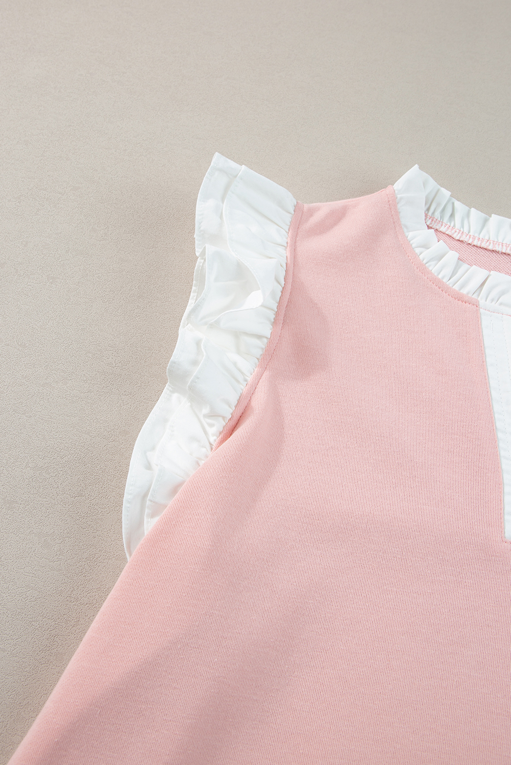 Pale Khaki Contrast V Neck Ruffled Textured Knit Top