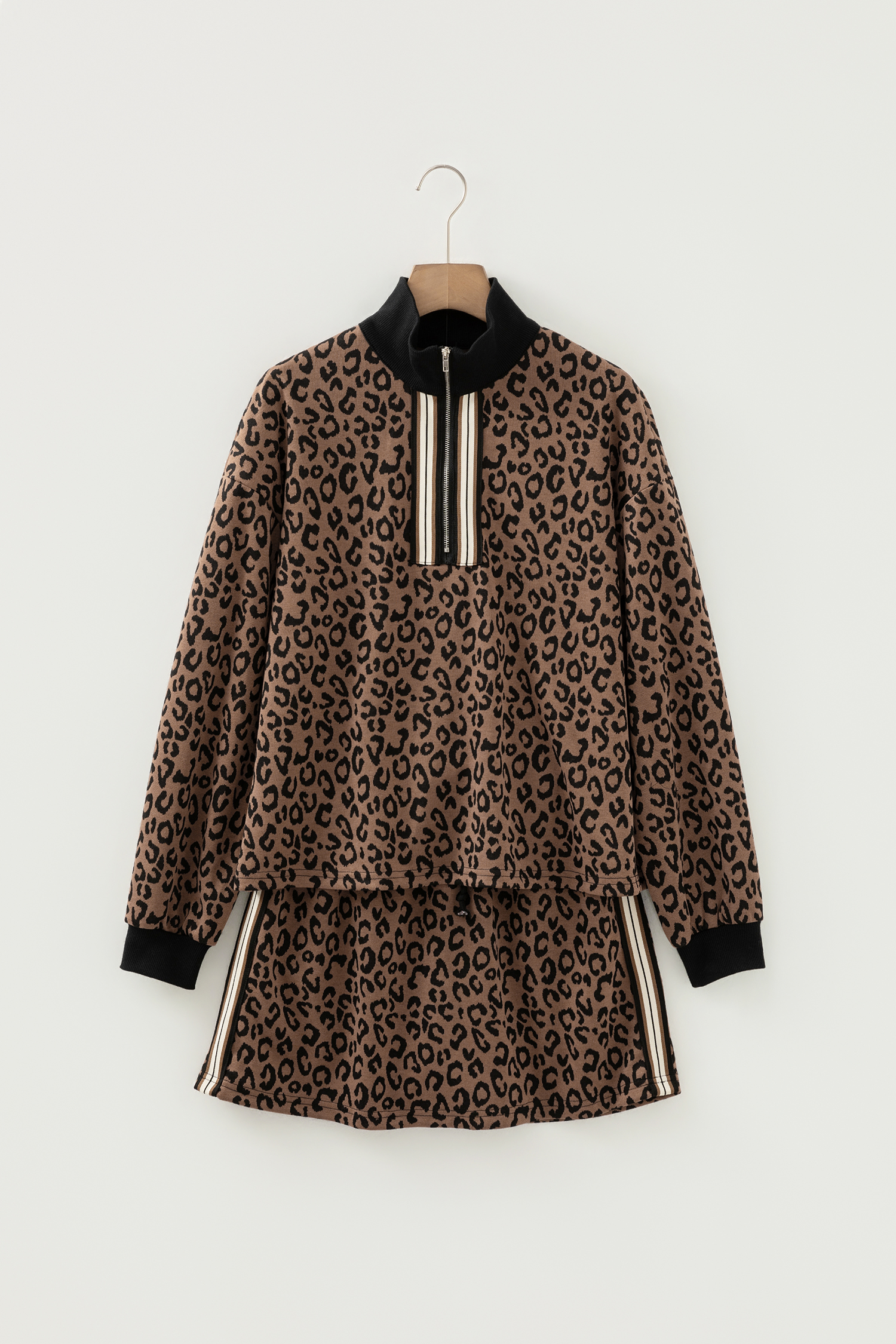 Khaki Leopard Print Quarter Zip Long Sleeve Top Mini Skirt Set