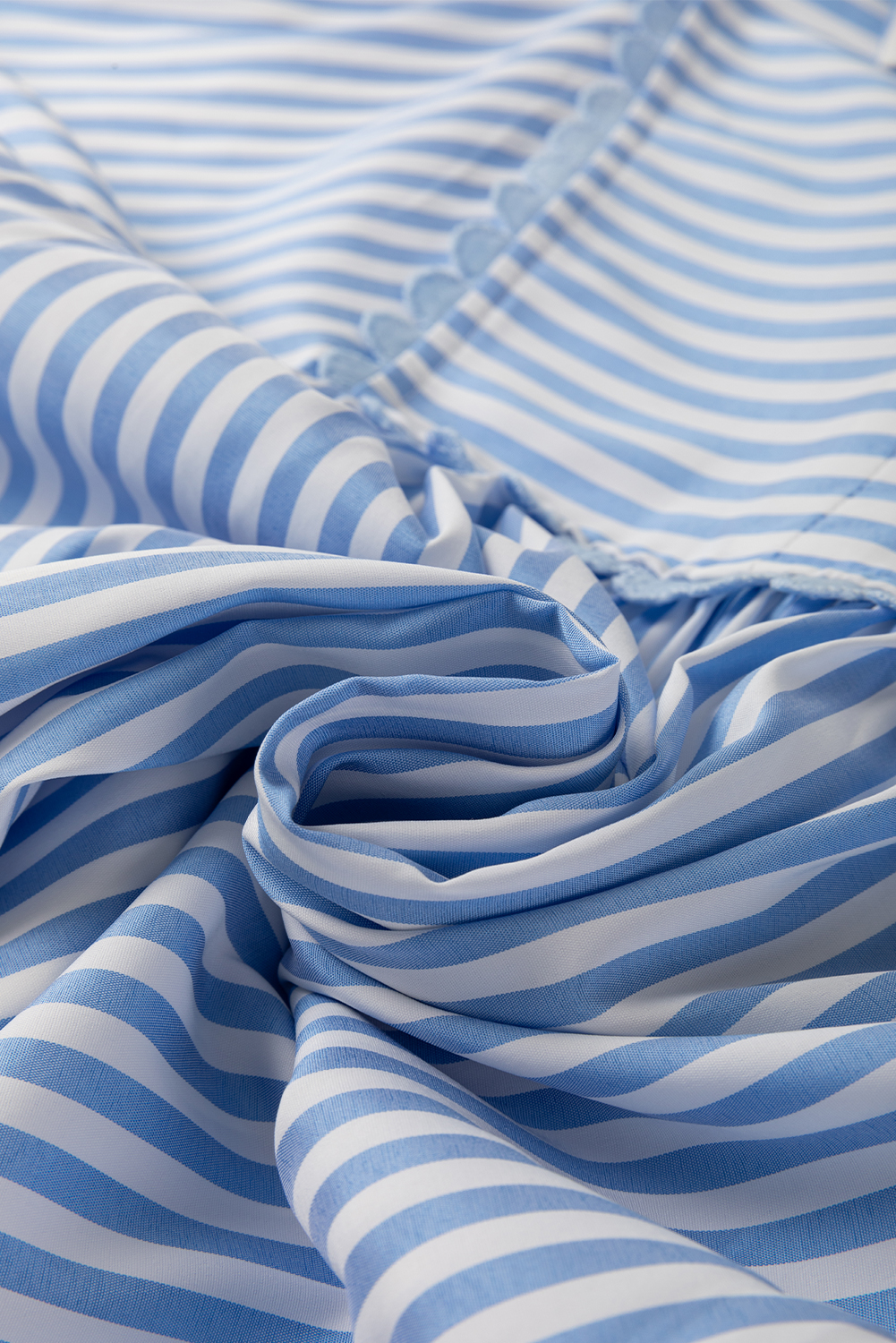 Sky Blue Stripe Shirt Collar V Neck Ricrac Trim 3/4 Puff Sleeve Blouse