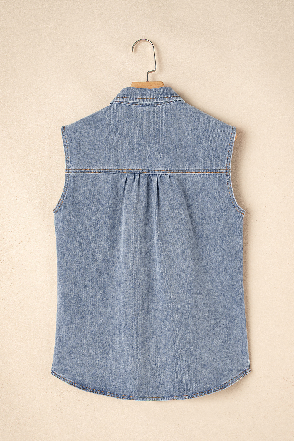 Beau Blue Denim Flap Pocket Curved Hem Shirt Vest