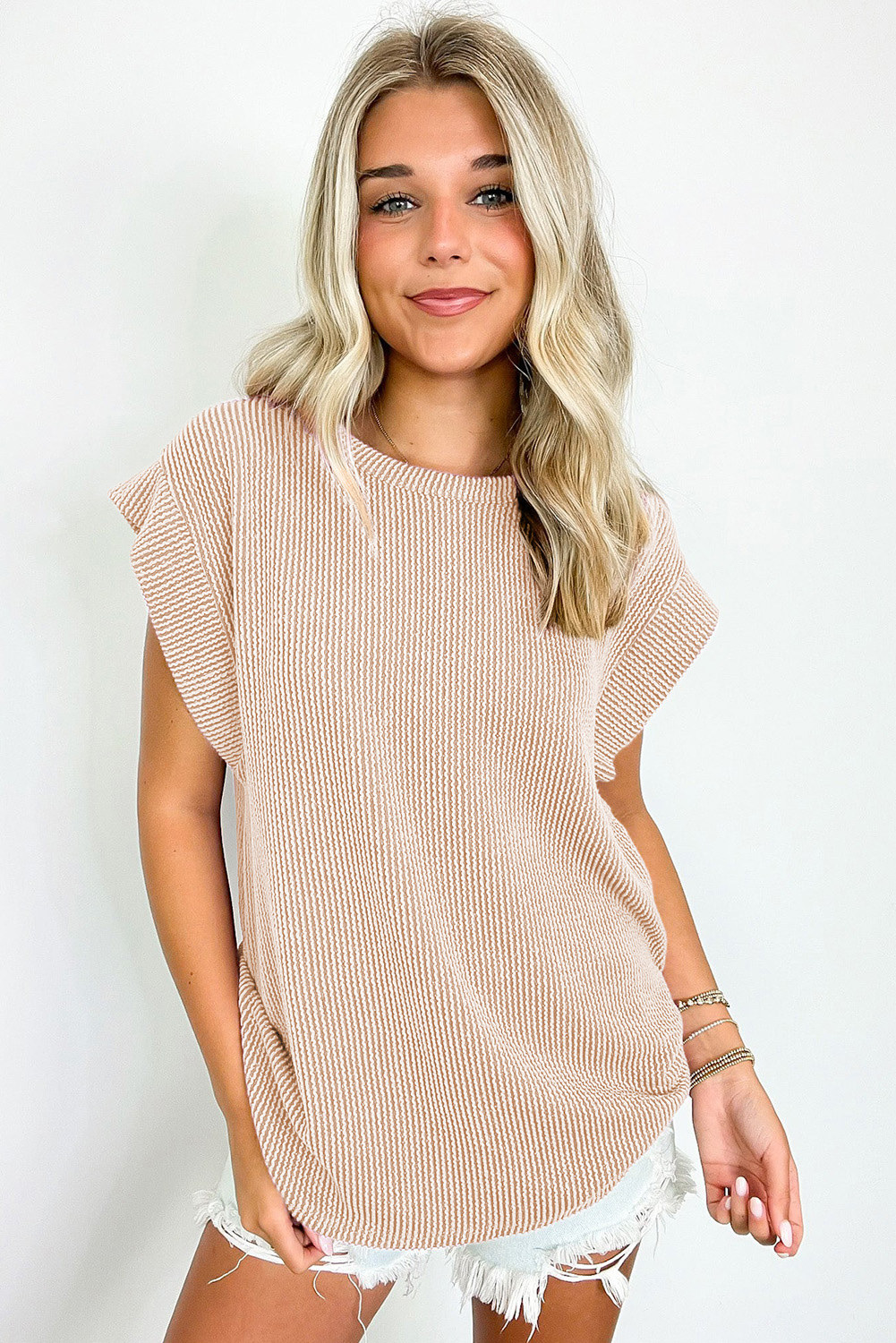 Gray Twisted Rib Wide Sleeve Crew Neck T Shirt