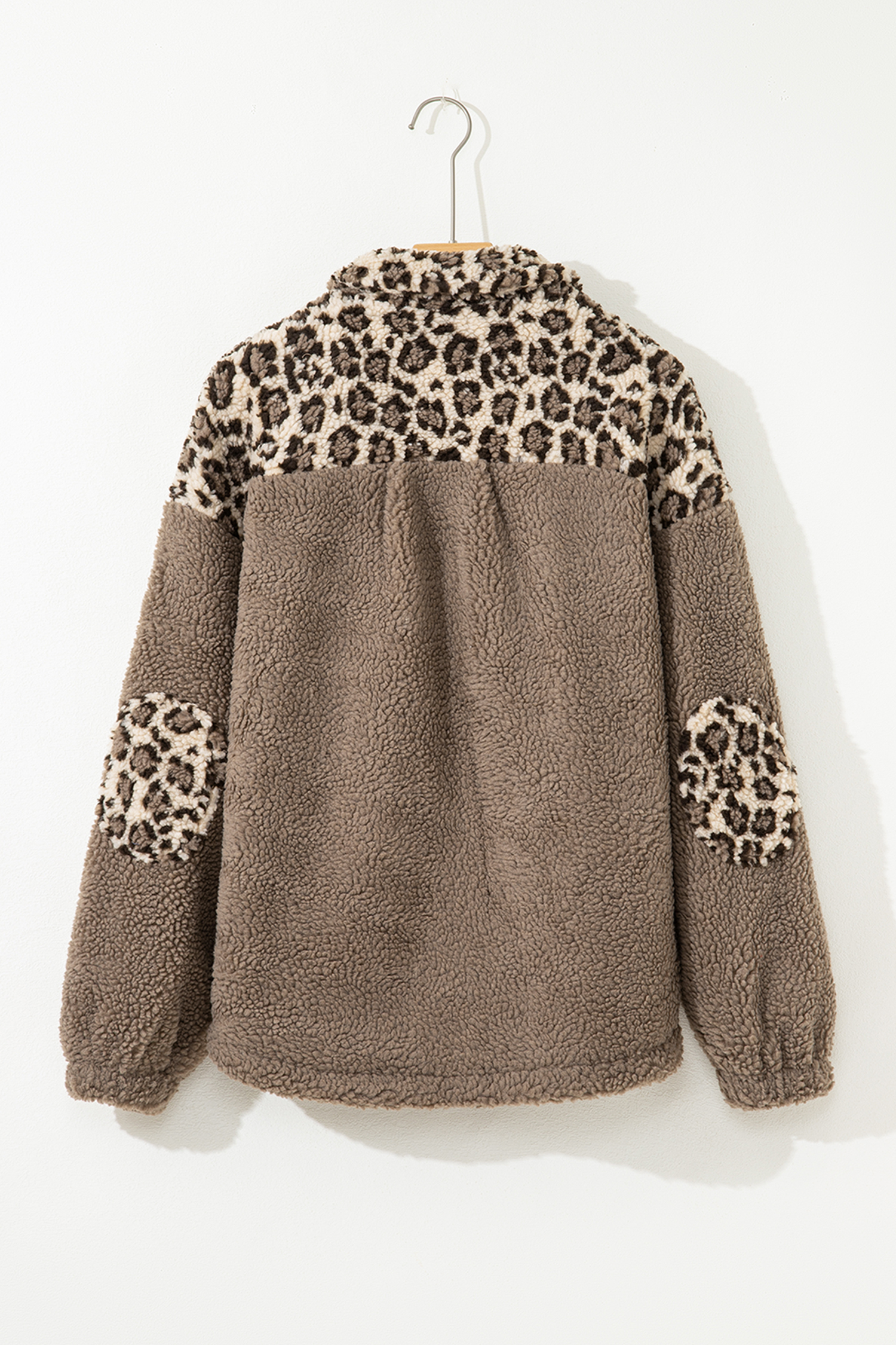 Brown Sherpa Leopard Print Flap Pocket Collared Button Up Jacket