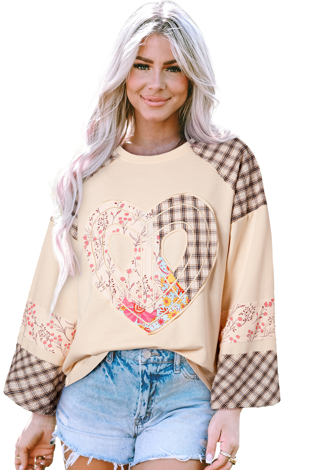 Beige Flower Patch Graphic Exposed Seam Wide Sleeve Top