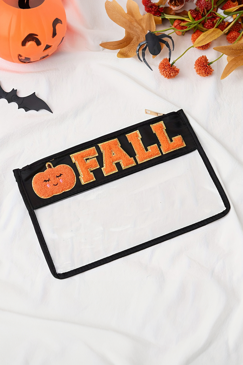 Orange FALL Pumpkin Chenille Detail Clear Zip Pouch