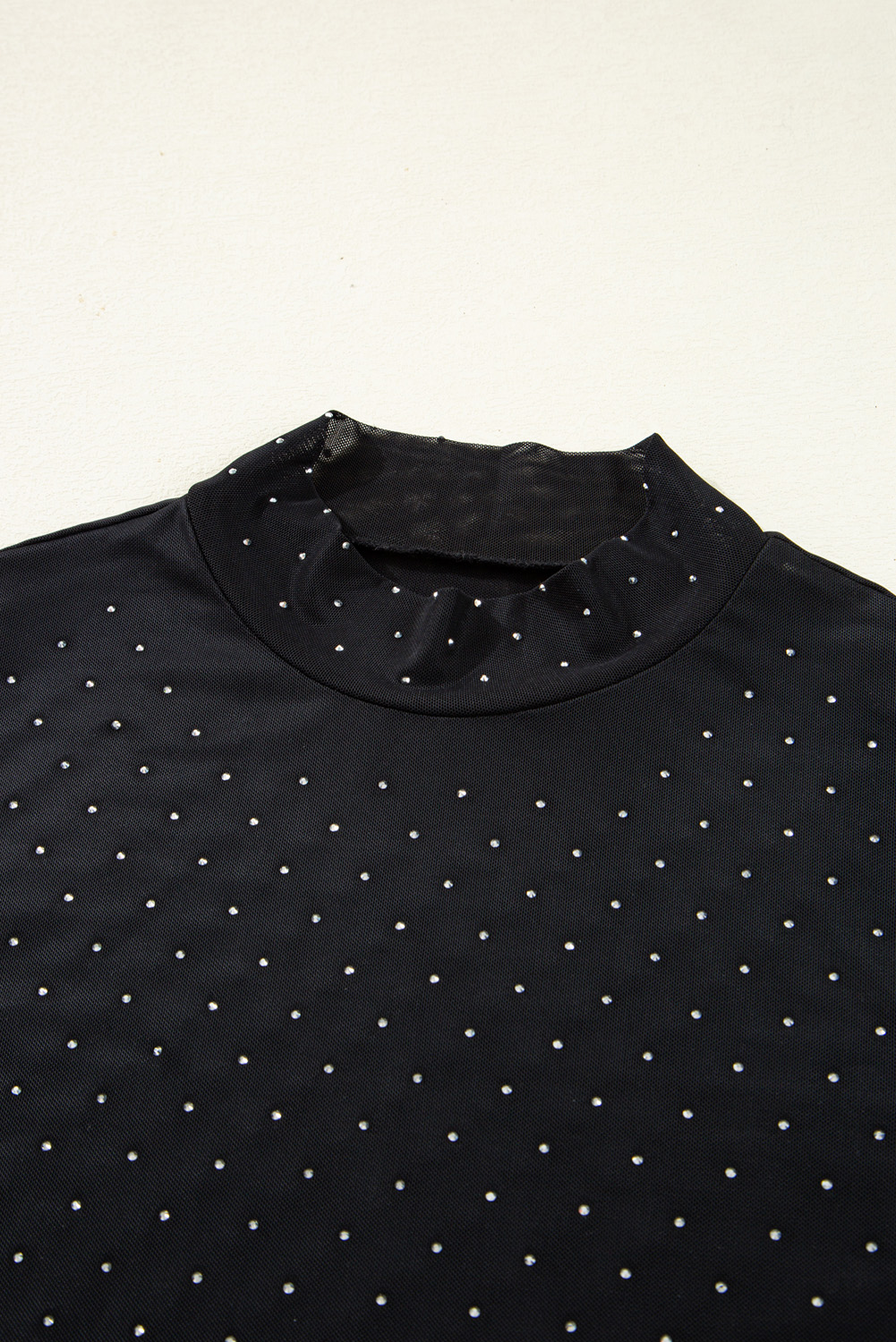 Black Rhinestone Embellished Mesh Long Sleeve Top