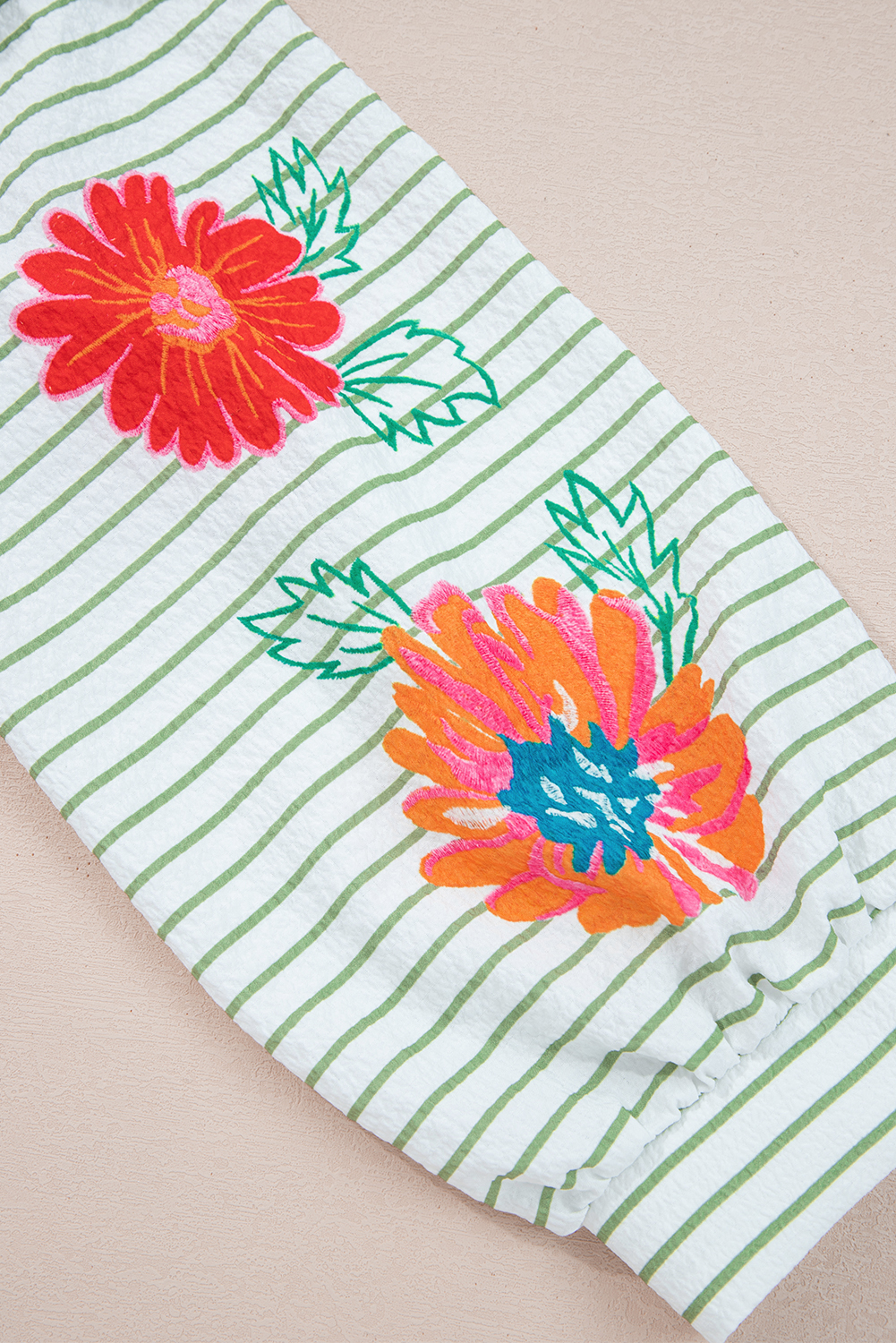 Green Stripe Flower Puff Sleeve Notched V Neck Babydoll Blouse