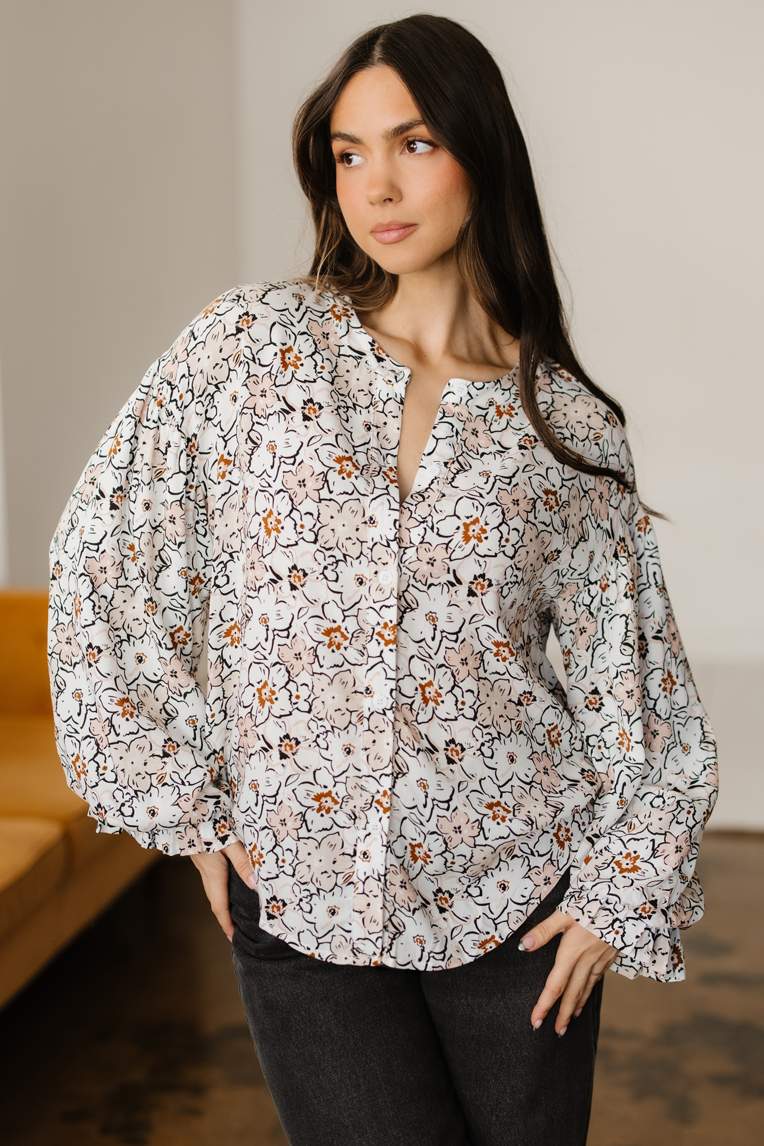 Khaki Bold Floral Print Frilled Puff Sleeve Button Down Shirt