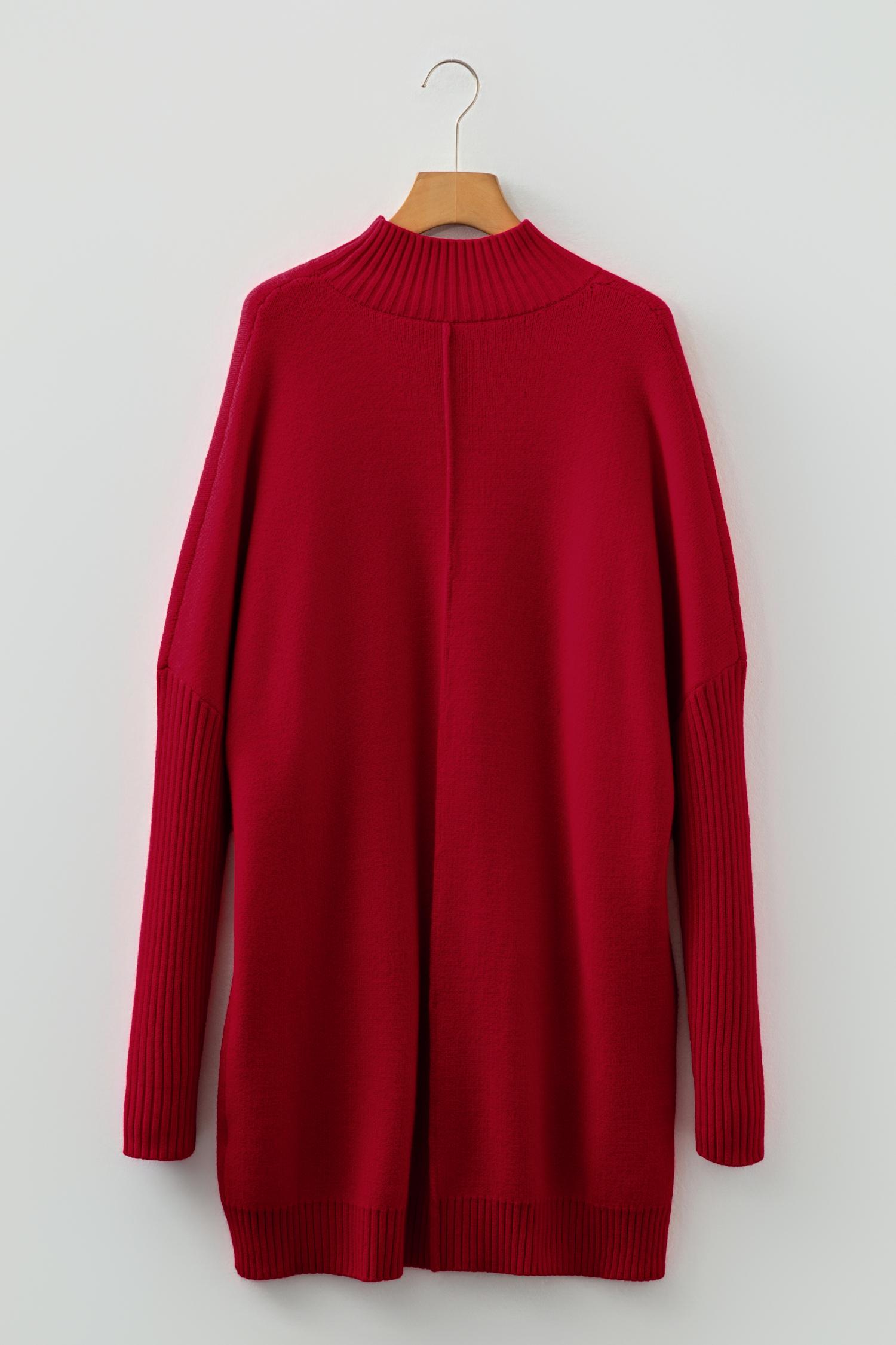 Fiery Red Ribbed High Neck Front Pockets Center Seam Shift Sweater Dress