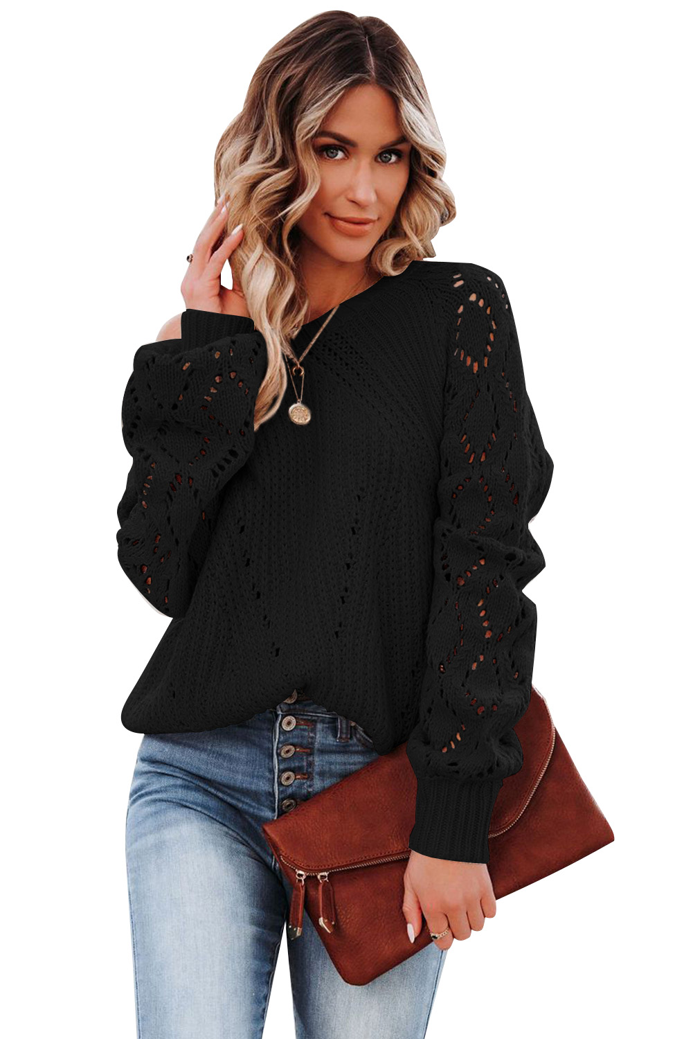 Black Hollow-out Puffy Sleeve Knit Sweater