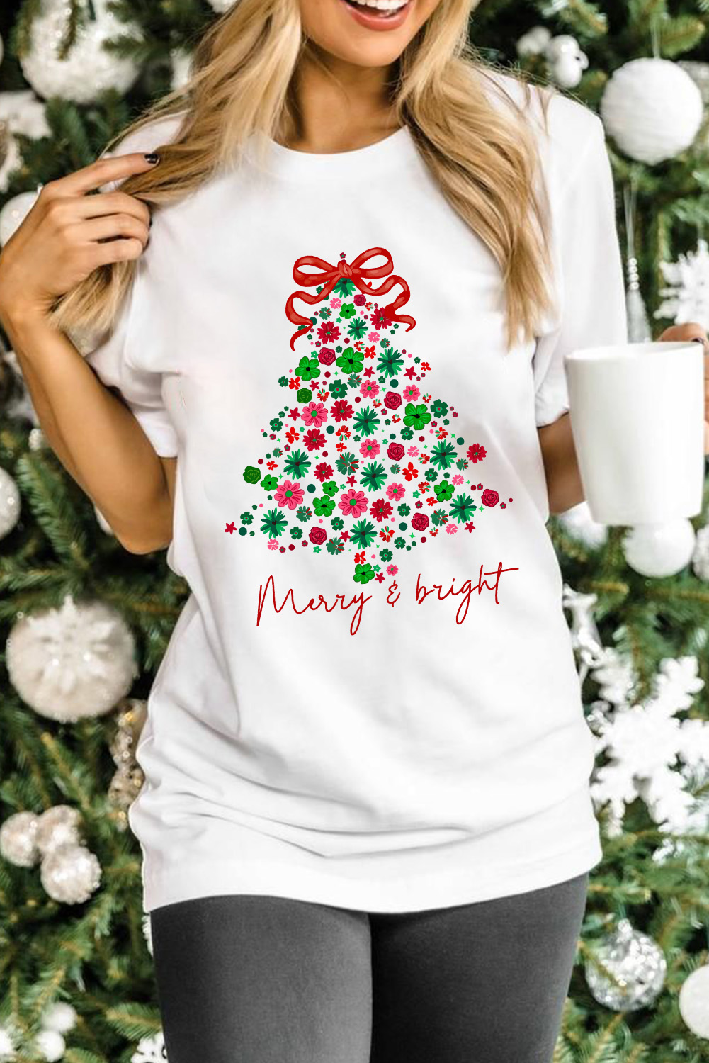 White Merry & Bright Floral Christmas Tree Graphic T Shirt