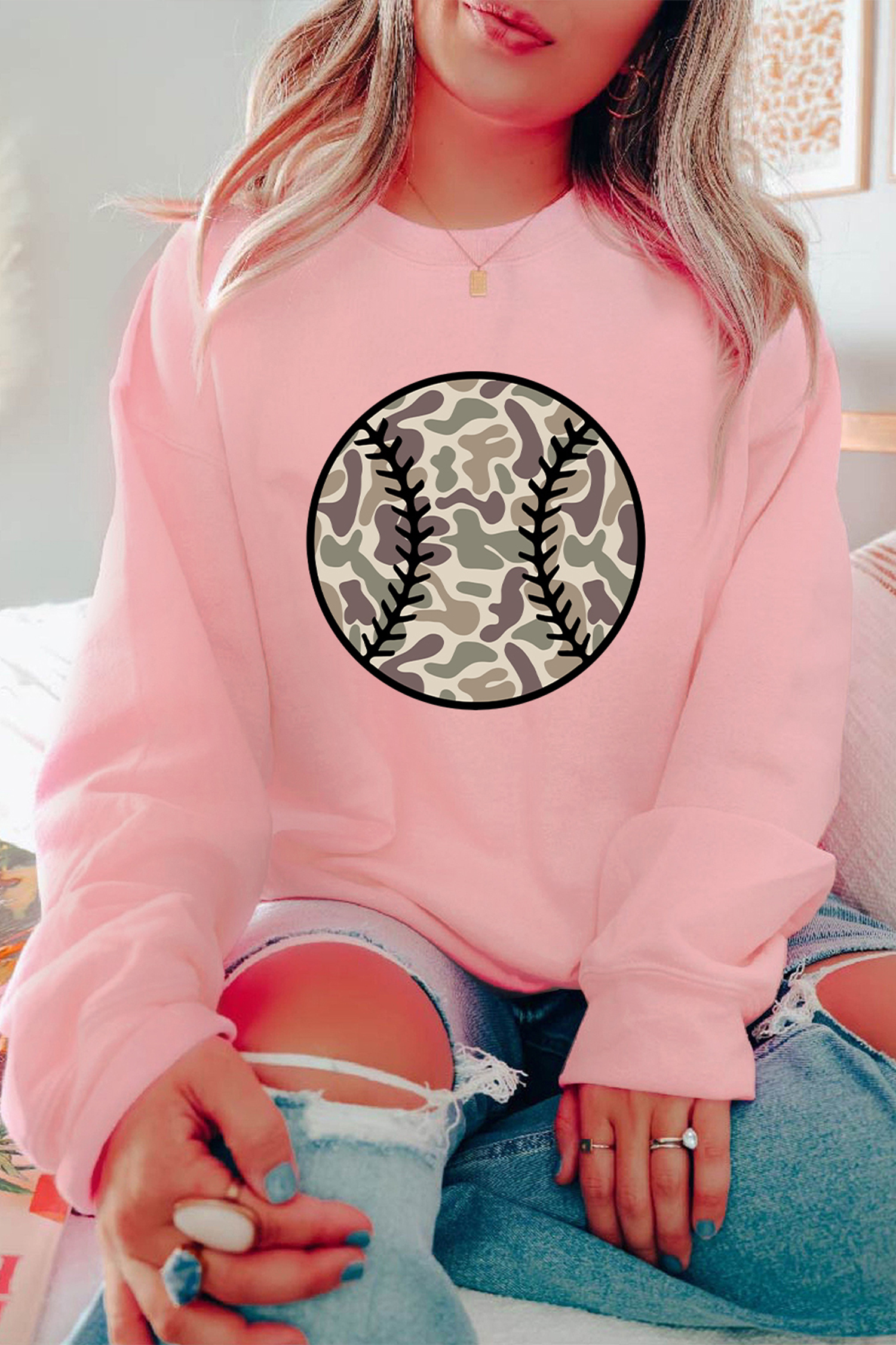 Pink Camouflage Baseball Dropped Shoulder Sweatshirt