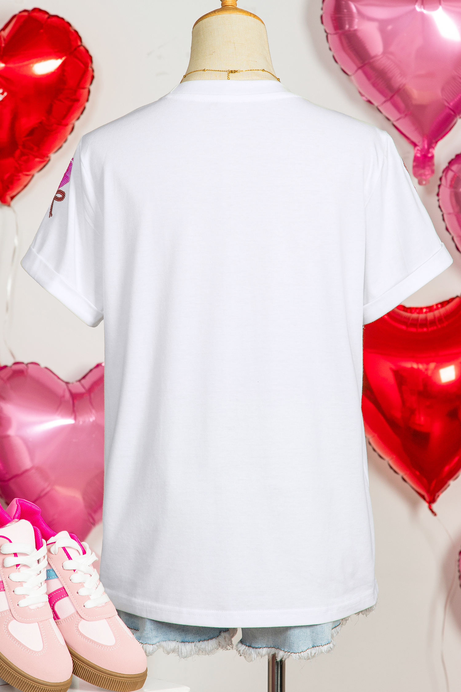 White Sequin Bow Heart Shape Lolly Valentines Day Graphic Tee