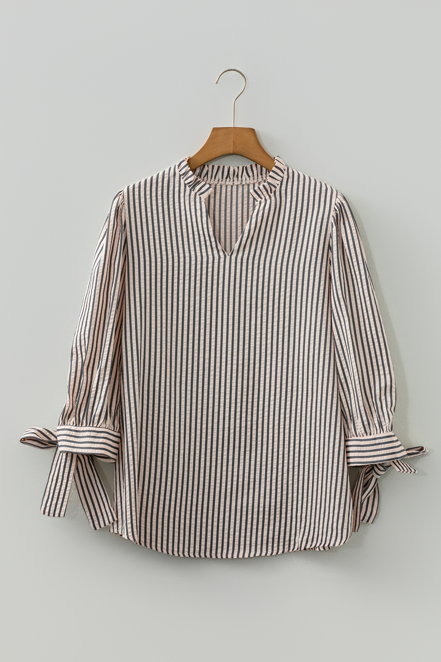 Black Stripe Knotted Cuff Long Sleeve V Neck Blouse