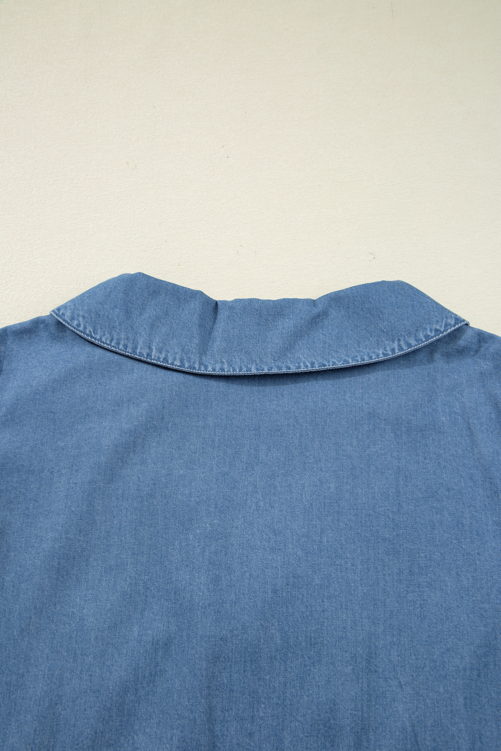 Dusk Blue Denim Lapel Neck Balloon Sleeve Tied Peplum Top