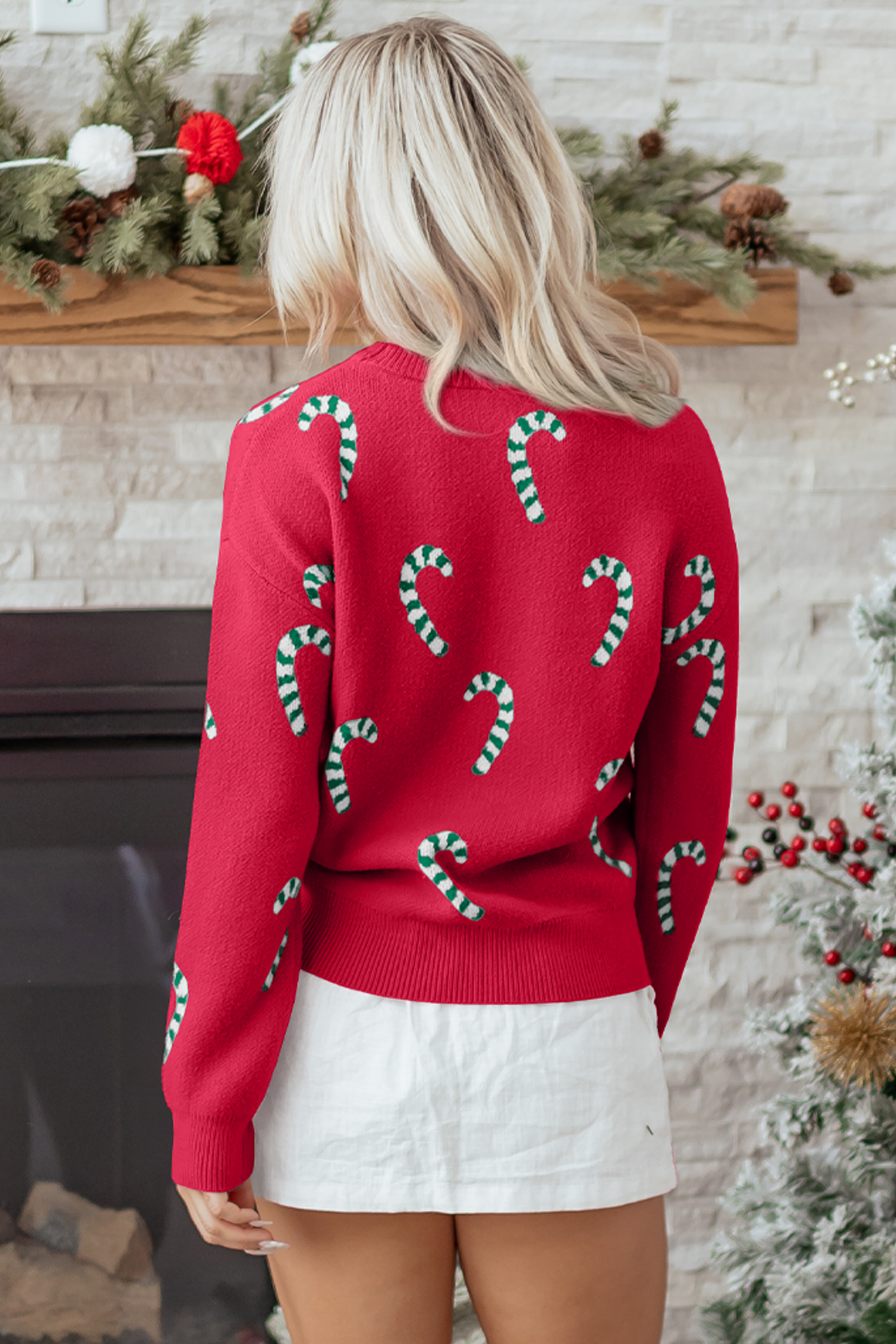 Dark Green Christmas Candy Cane Holiday Drop Shoulder Sweater