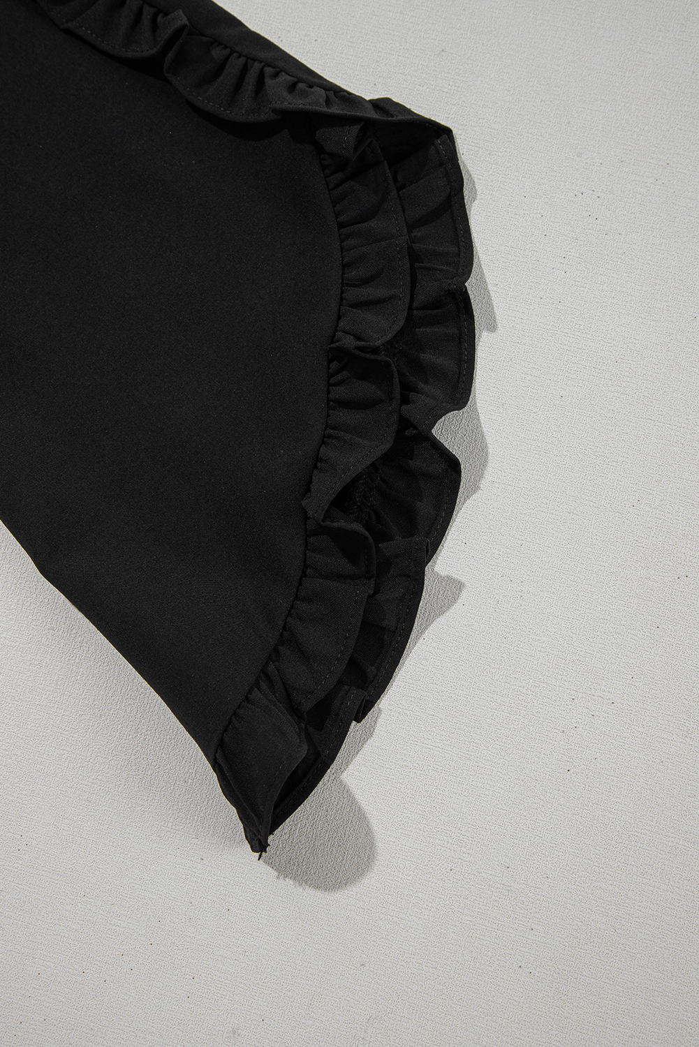Black Ruffle Trimmed 3/4 Sleeve Round Neck Blouse