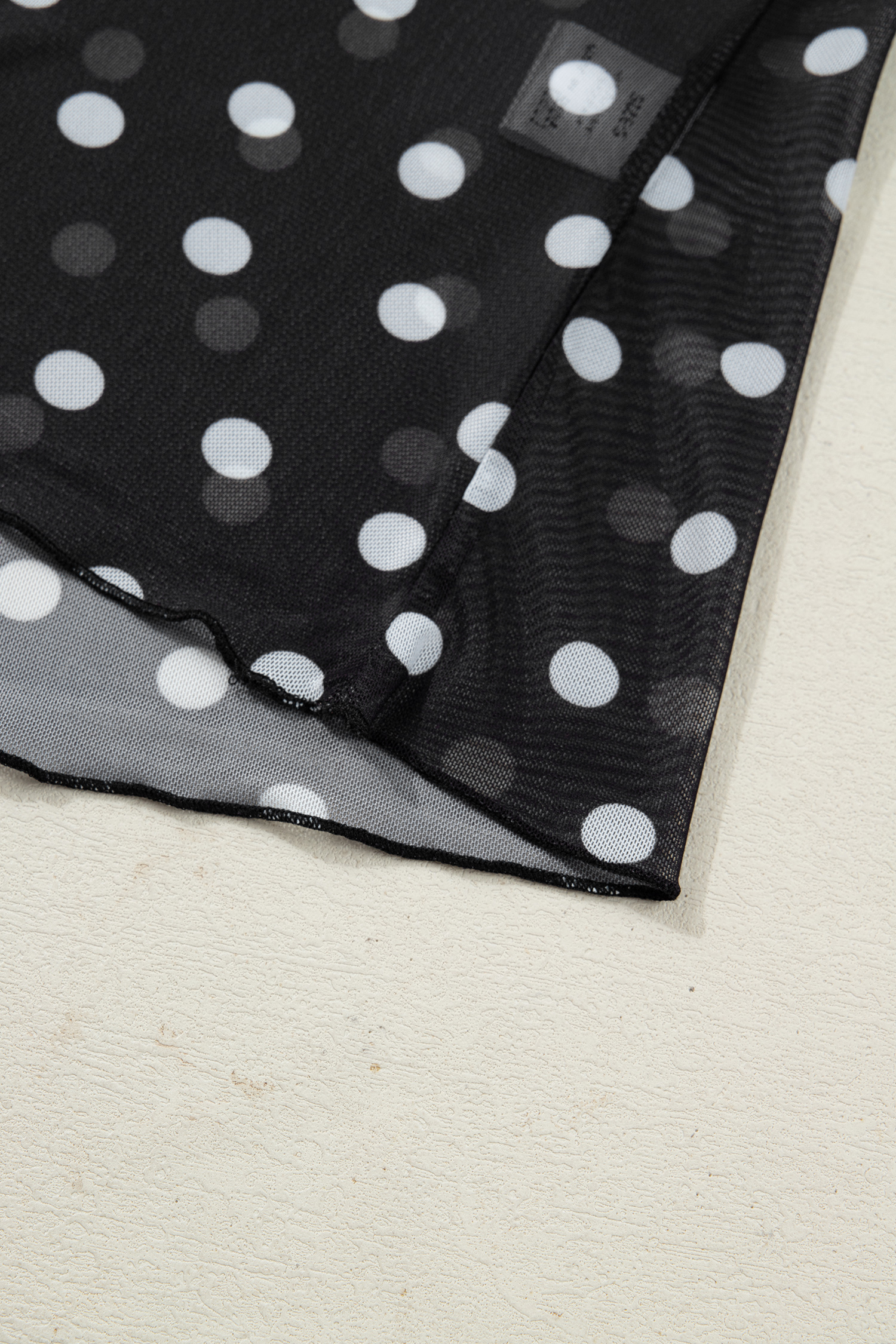 Black Polka Dot Patterned Bodycon Mock Neck Mesh Long Sleeve Top