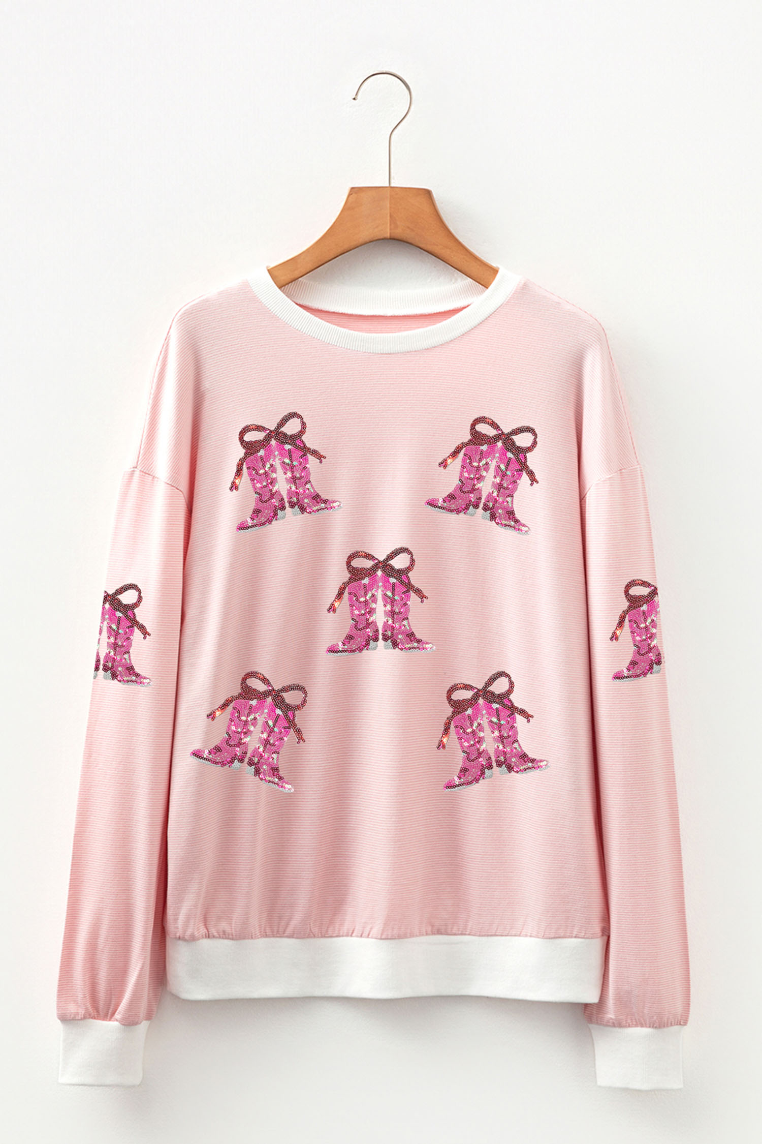 Pink Stripe Cowgirl Boots Sequin Pattern Round Neck Long Sleeve T Shirt